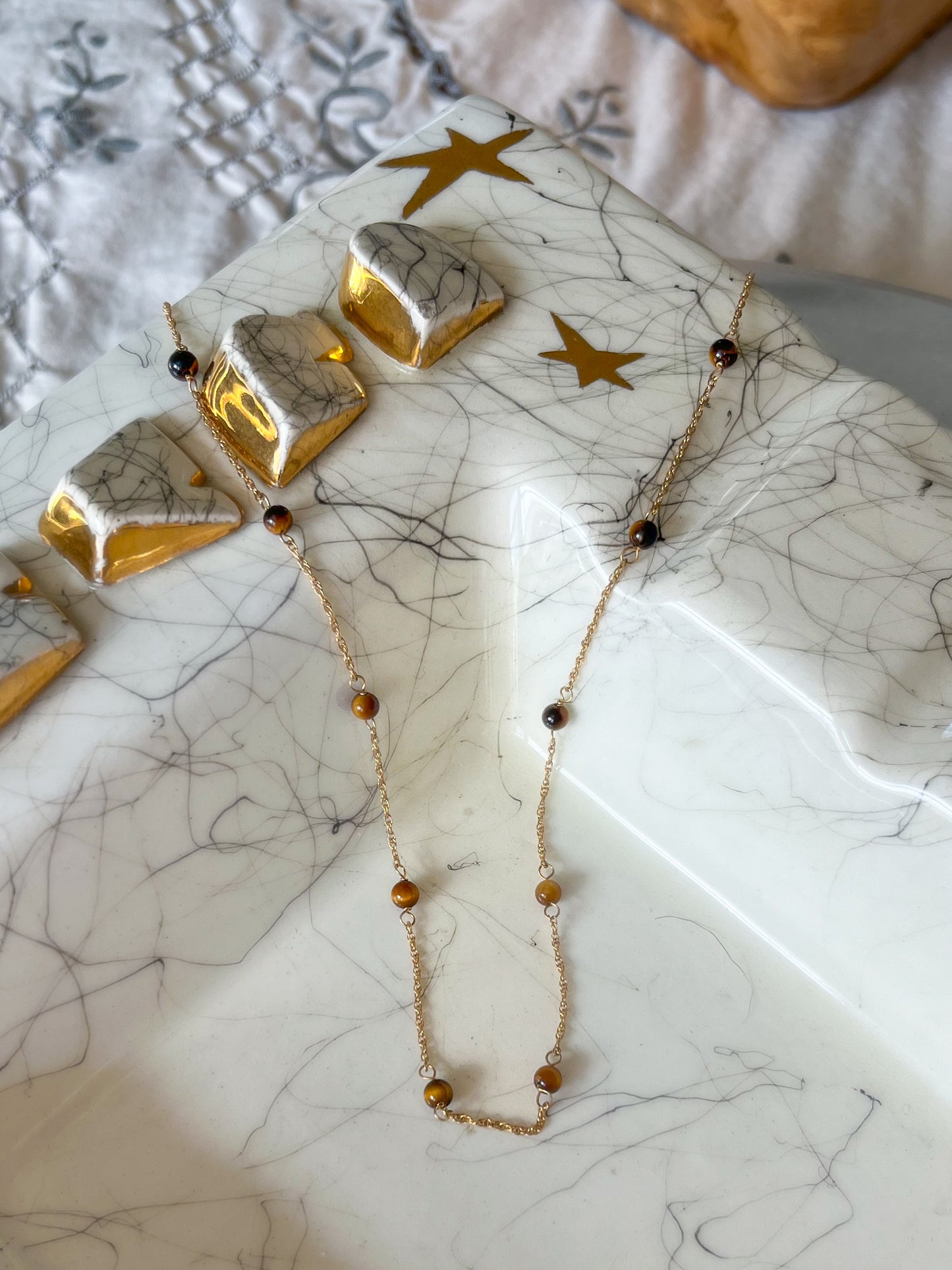 Vintage Tigers Eye Chain 14k Yellow Gold 16 Inch Necklace