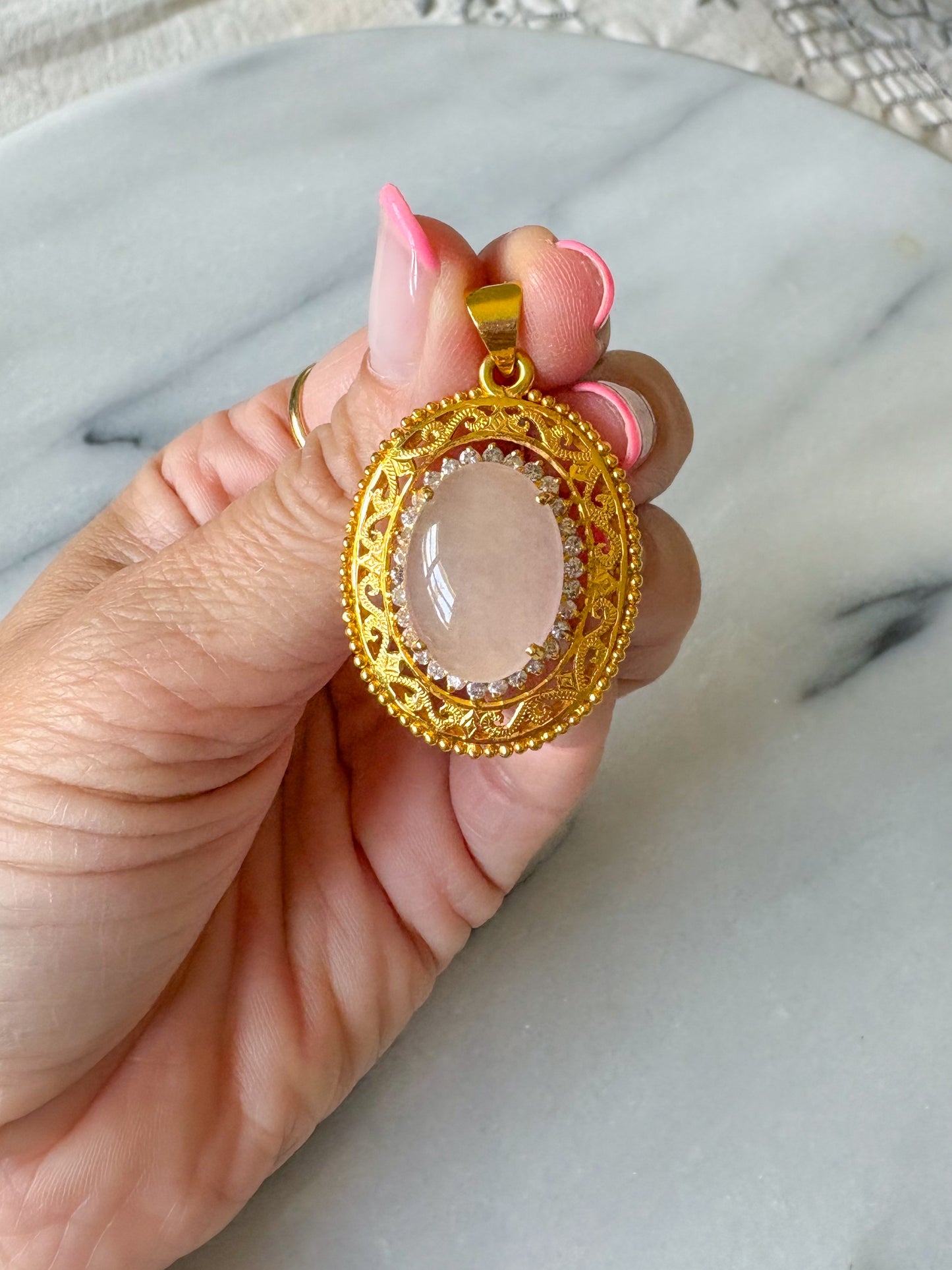 Vintage Large White Jade and Natural Diamond 18k Yellow Gold Charm Pendant