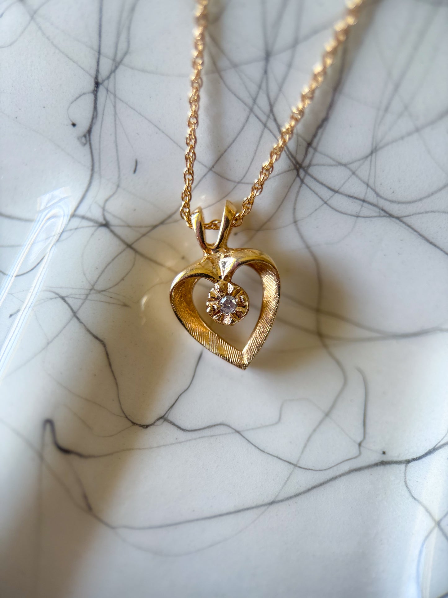 Vintage Natural Diamond Heart 14k Yellow Gold Charm with Chain