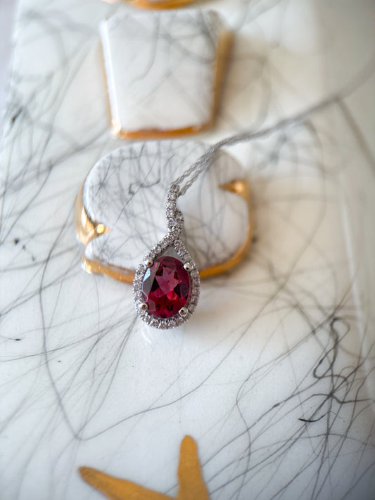 Vintage 10k White Gold and Natural Rhodolite and Diamond Charm with Chain