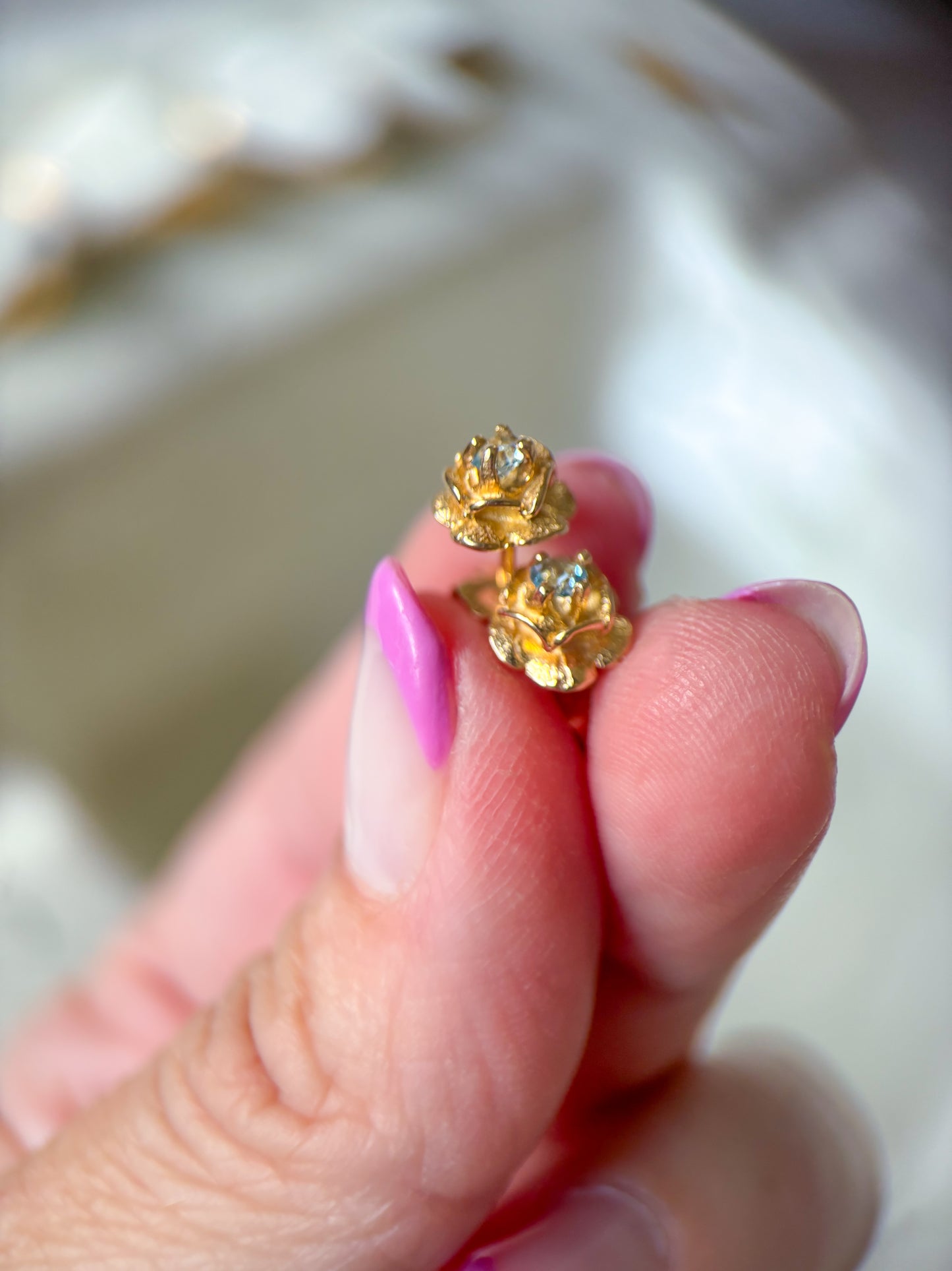Vintage Rose Studs with Natural Aquamarine 14k Yellow Gold Earrings