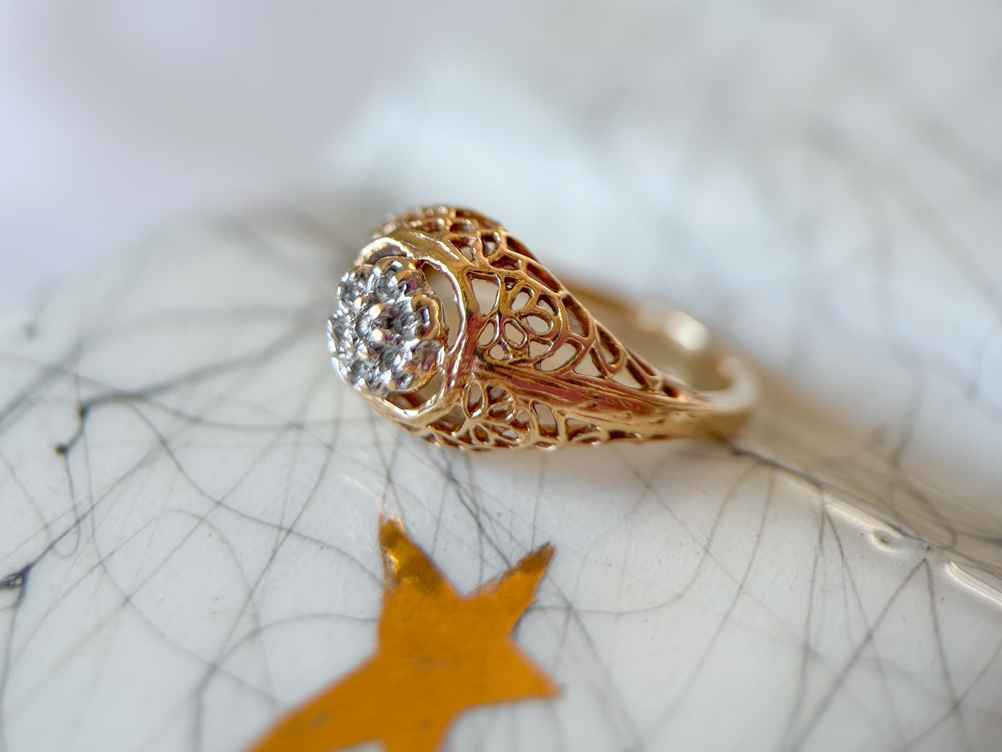 Vintage Natural Diamond 14k Yellow Gold Filigree Pinky Ring