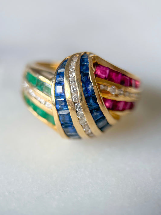 Vintage 14k Yellow Gold Natural Sapphire, Ruby, Emerald and Diamond Ring, circa 1990s