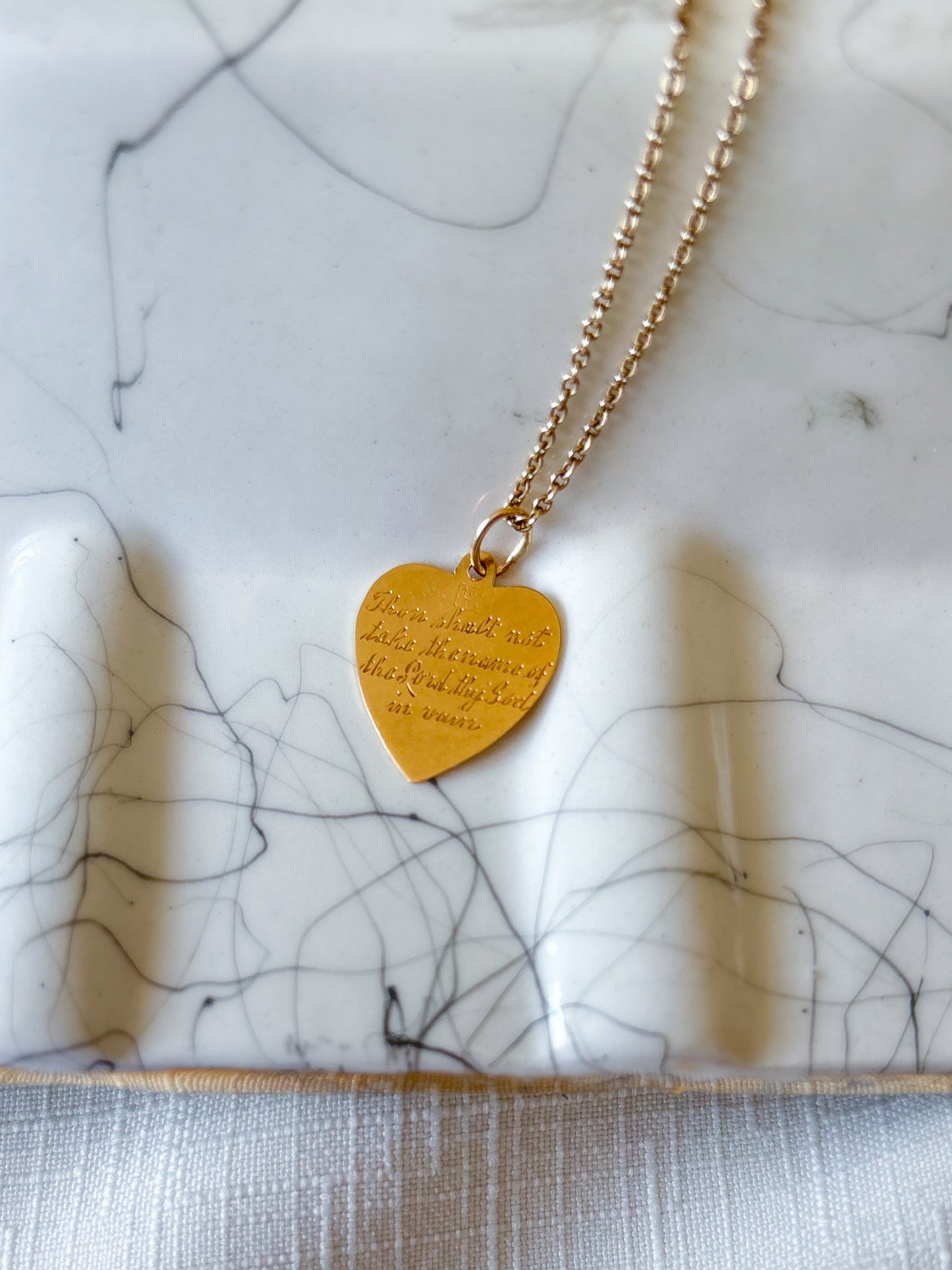 Vintage Engine Turned Heart 14k Yellow Gold Charm, Engraved: "Thou Shall Not Take the Name of the Lord thy God in Vain"