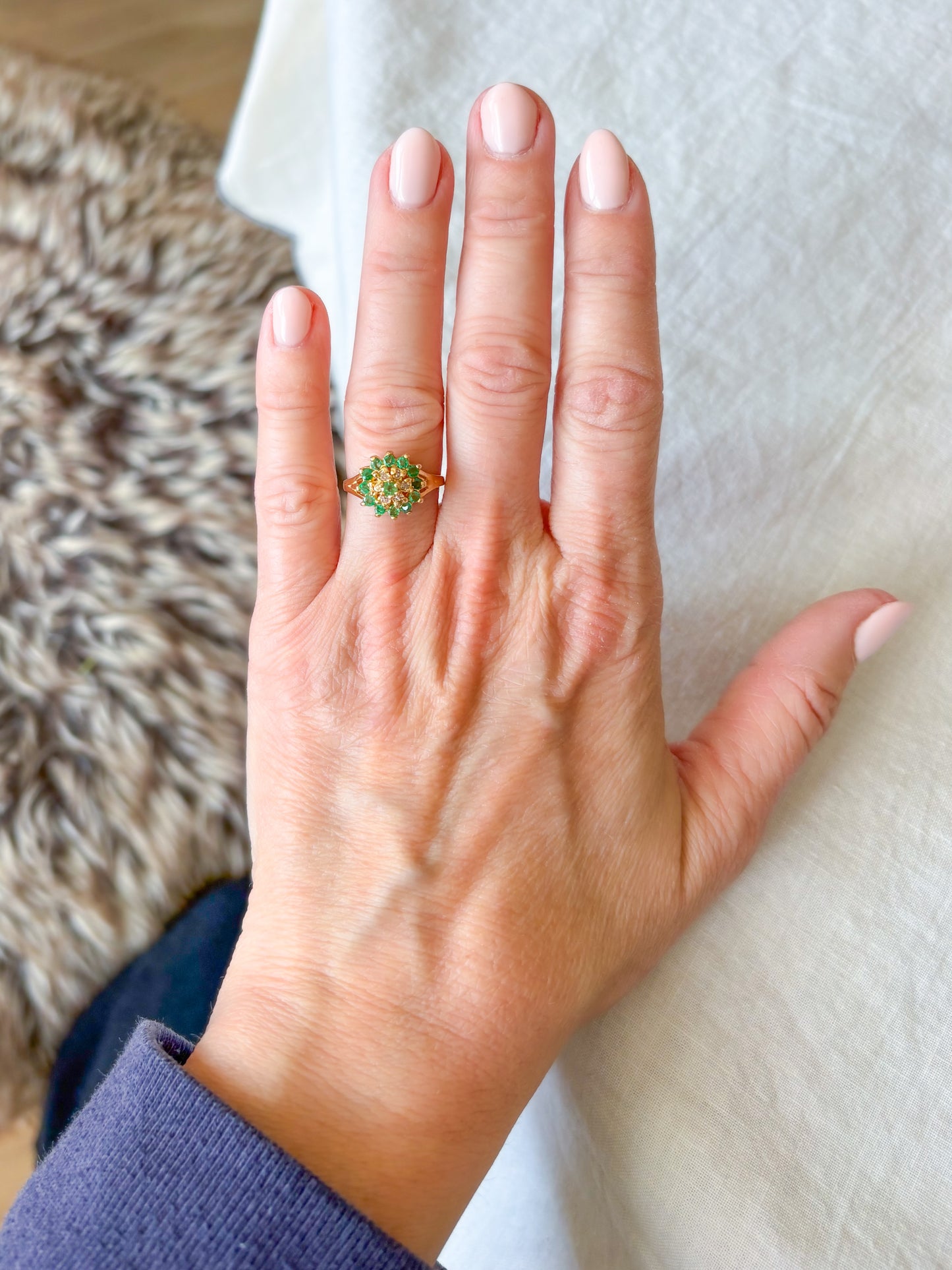 Vintage Natural Emerald and Diamond Cluster 14k Yellow Gold Ring