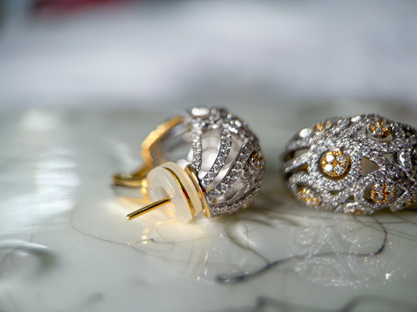 Natural Diamond Puffy Hoop 14k Yellow and White Gold Earrings