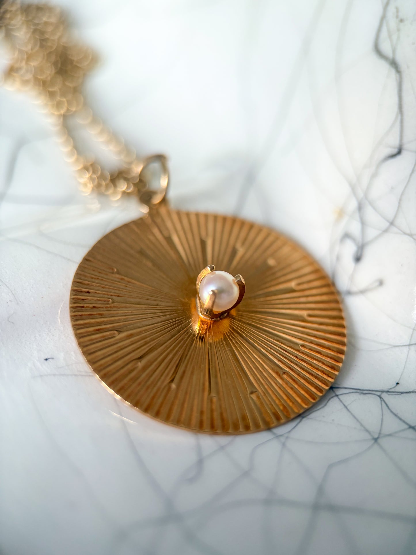 Vintage Engine Turned Disk with Pearl 14k Yellow Gold Charm