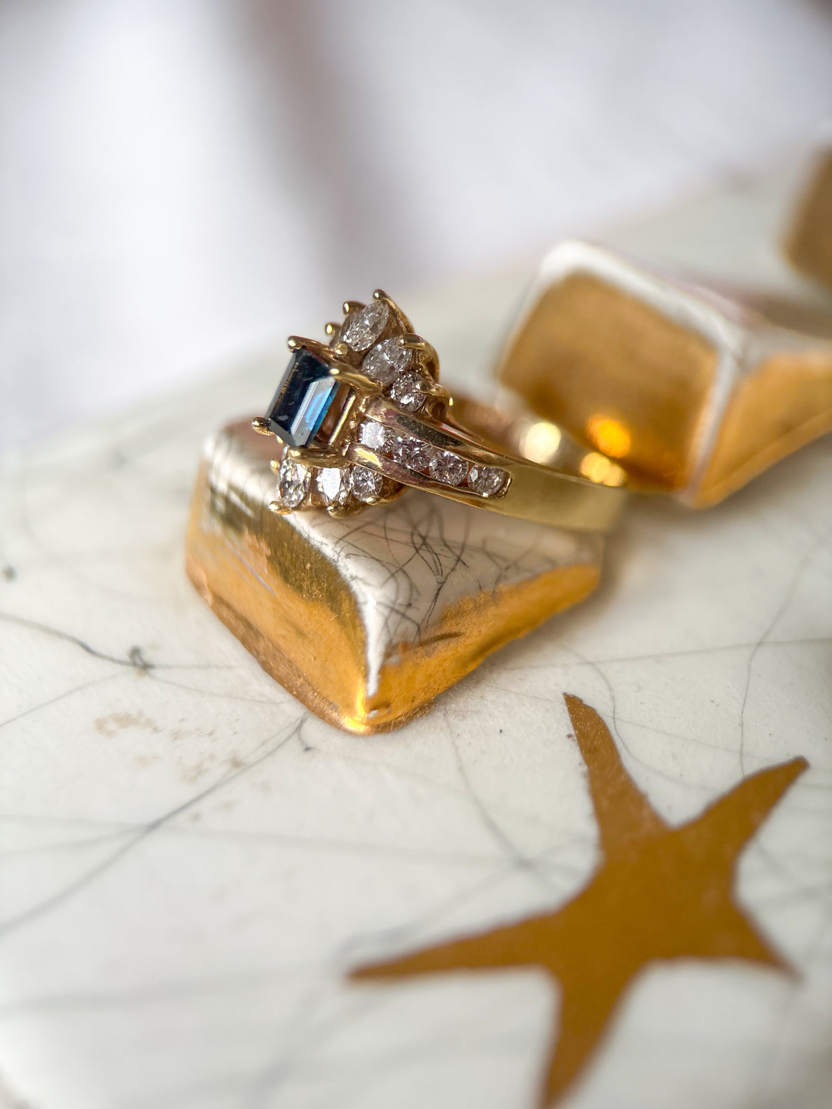 Vintage Emerald Shape Natural Sapphire and Diamond 14k Yellow Gold Ring