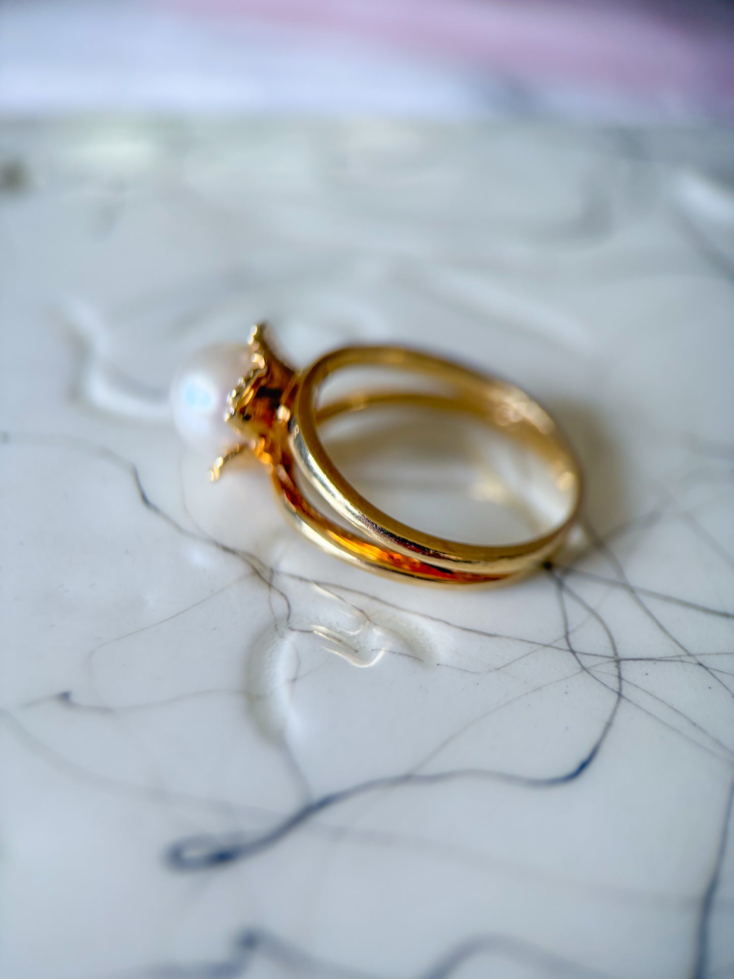 Vintage Natural Pearl 14k Yellow Gold Double Shank Ring