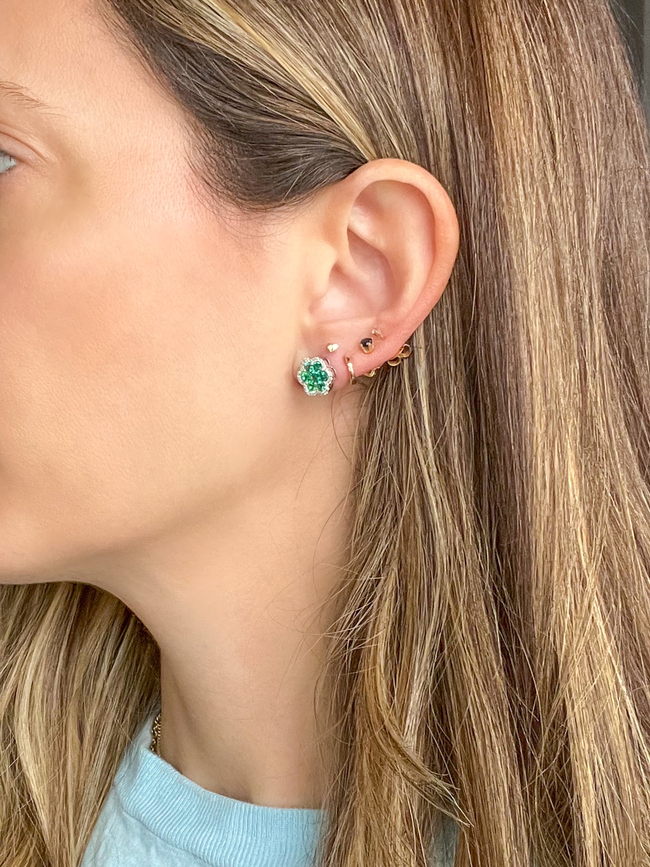 Natural Ruby, Sapphire, Emerald and Diamond 14k White Gold Stud Earrings