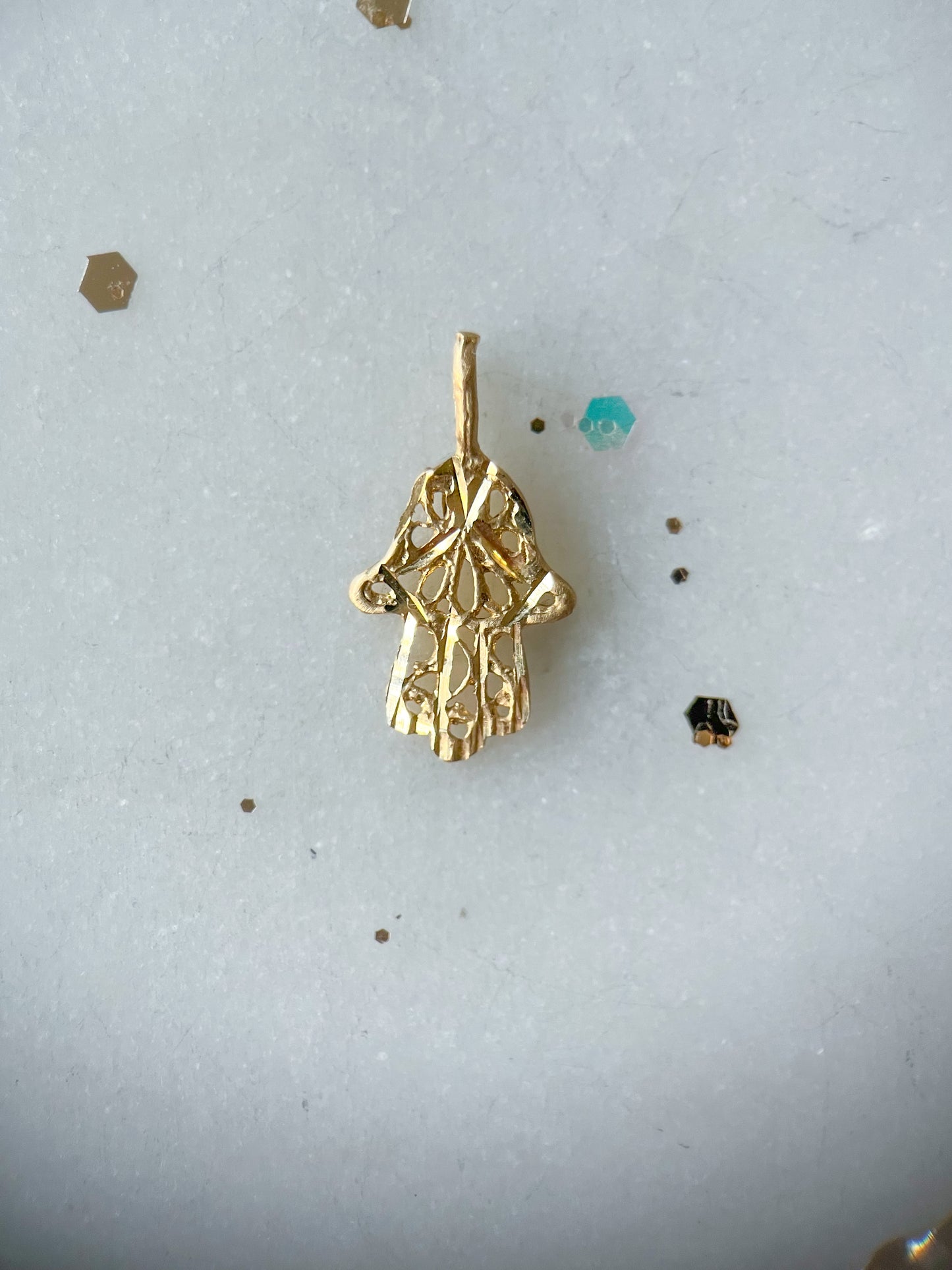 Vintage Small Filigree Hamsa 14k Yellow Gold Charm