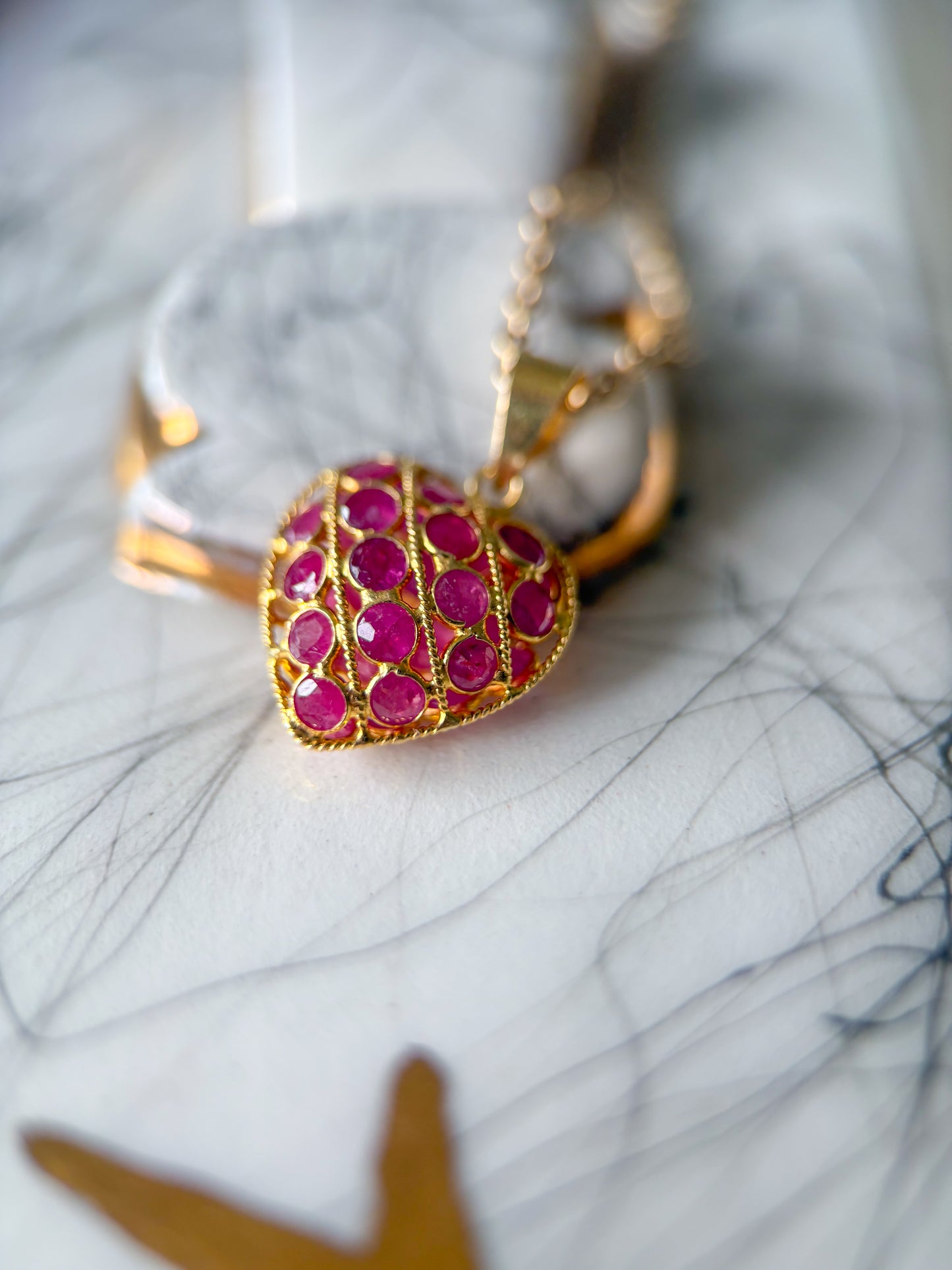 Vintage Natural Ruby Puffy Heart 18k Yellow Gold Charm, Circa 1990's