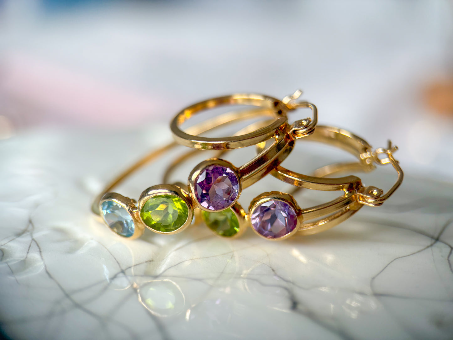 Vintage 3 Stone CZ 14k Yellow Gold Triple Hoop Earrings