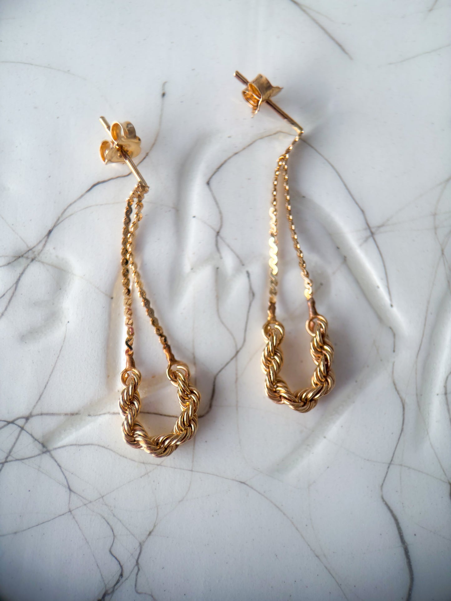 Vintage Dangle Rope 14k Yellow Gold Earrings