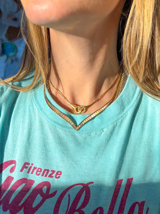 Vintage V Shaped Tri Colored 14k Yellow, White and Rose Gold 16 Inch Necklace