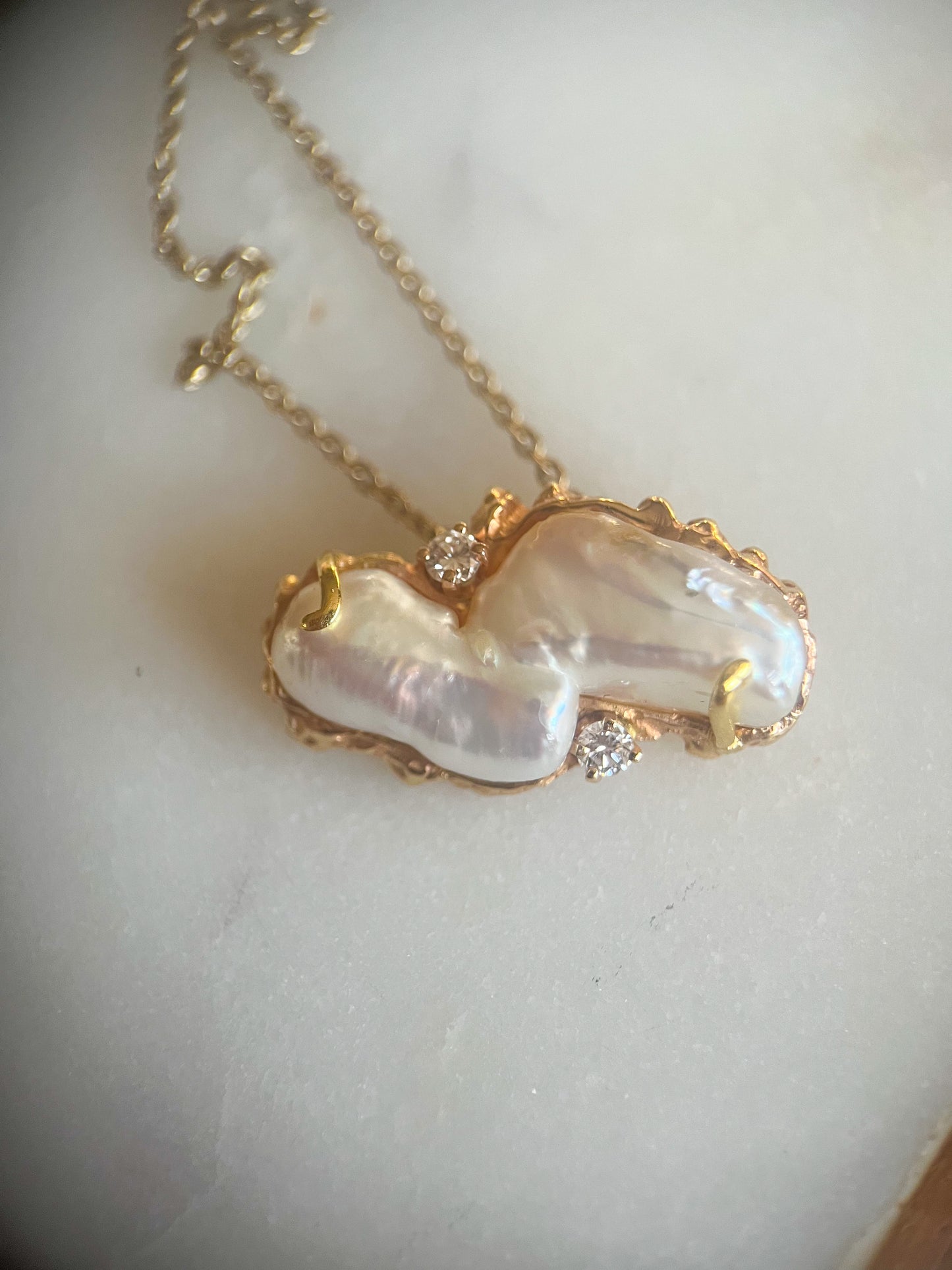 Vintage Pearl and Natural Diamond 14k Yellow Gold Brooch