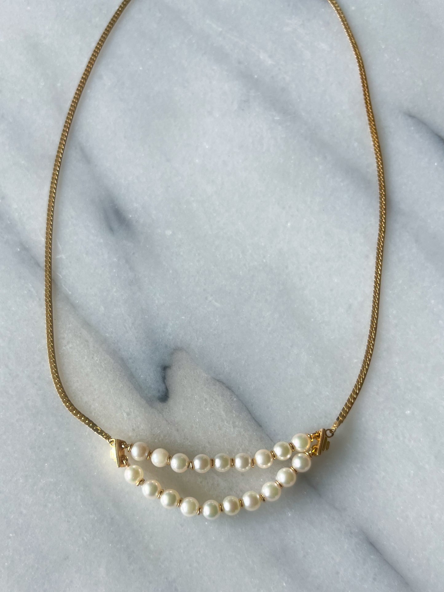 Vintage Herringbone Chain with Pearl Double Accent 14k Yellow Gold 16.5 Inch Necklace