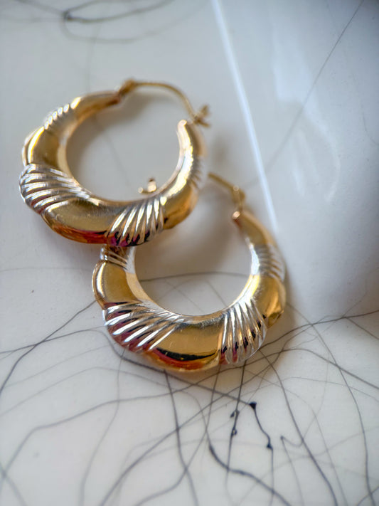 Vintage Two Toned 10k White and Yellow Gold Twist Hoop Earrings
