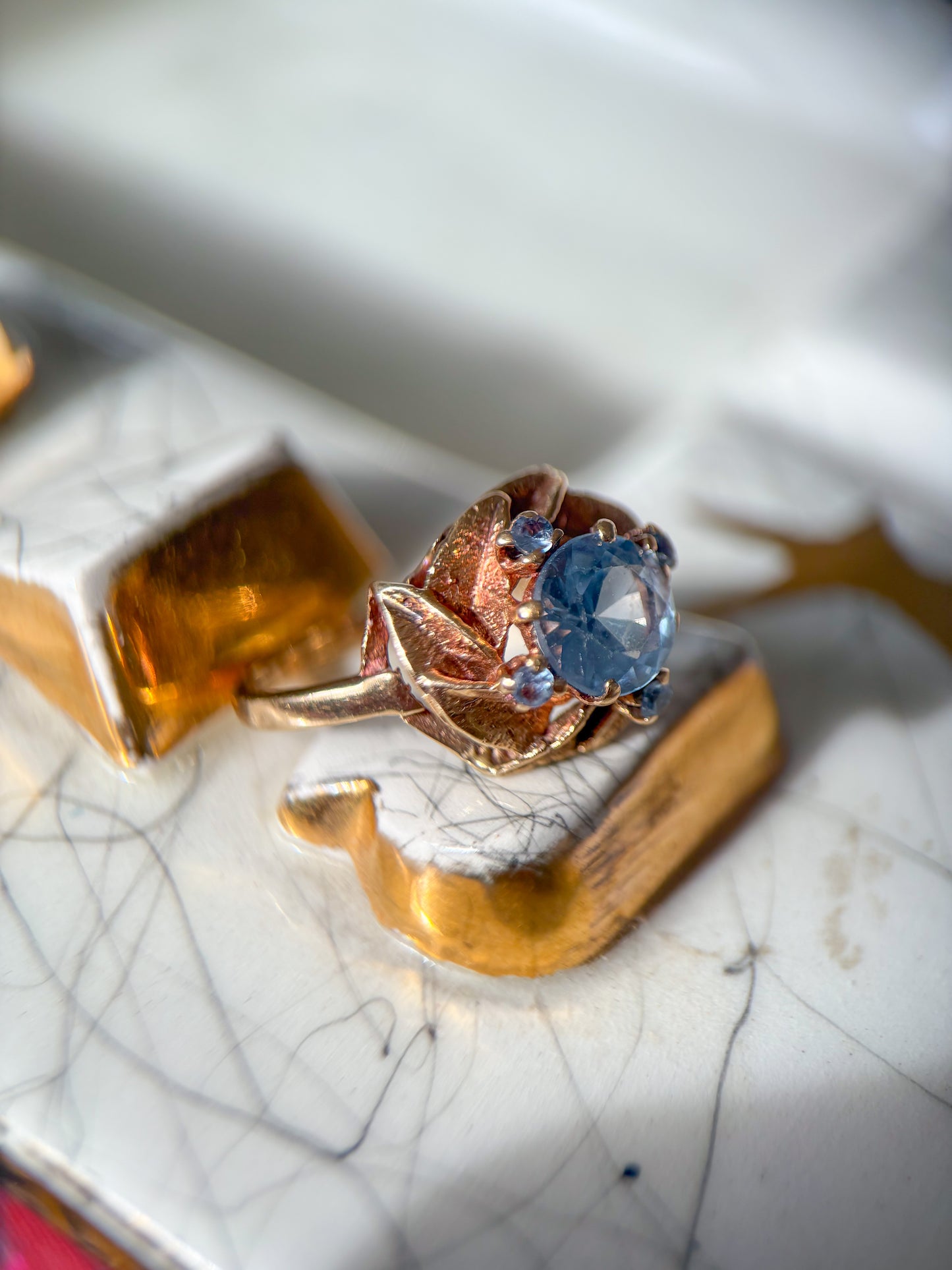 Vintage Natural Aquamarine Rose 14k Yellow Gold Ring