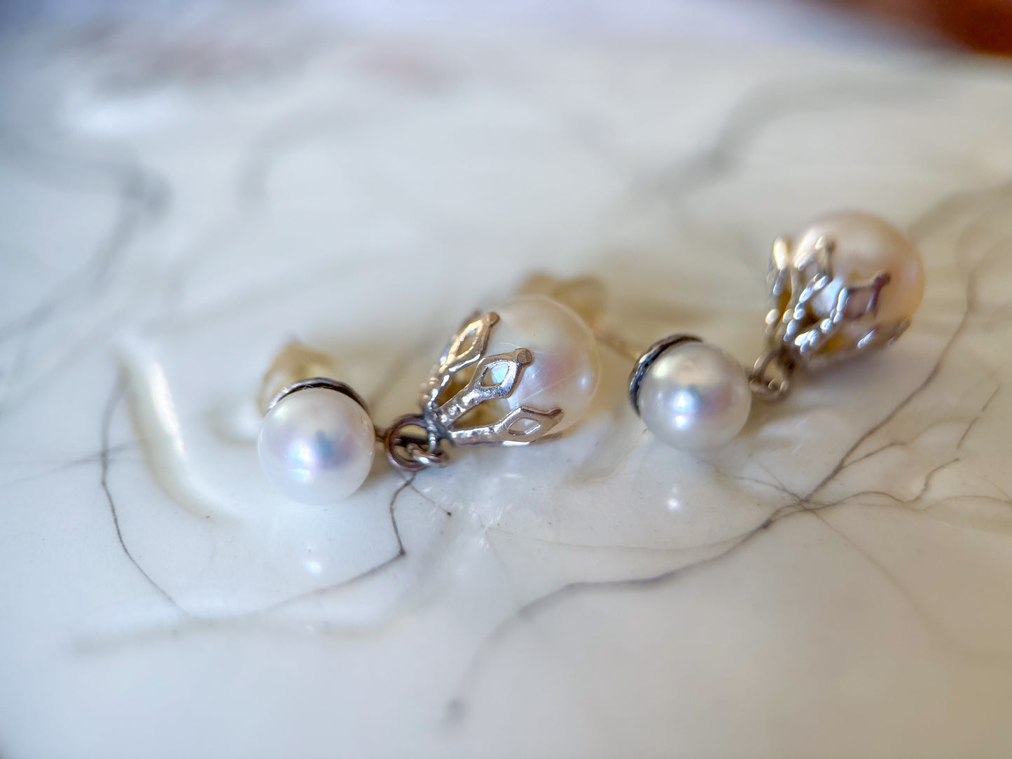 Vintage Pearl 14k White Gold Dangle Earrings