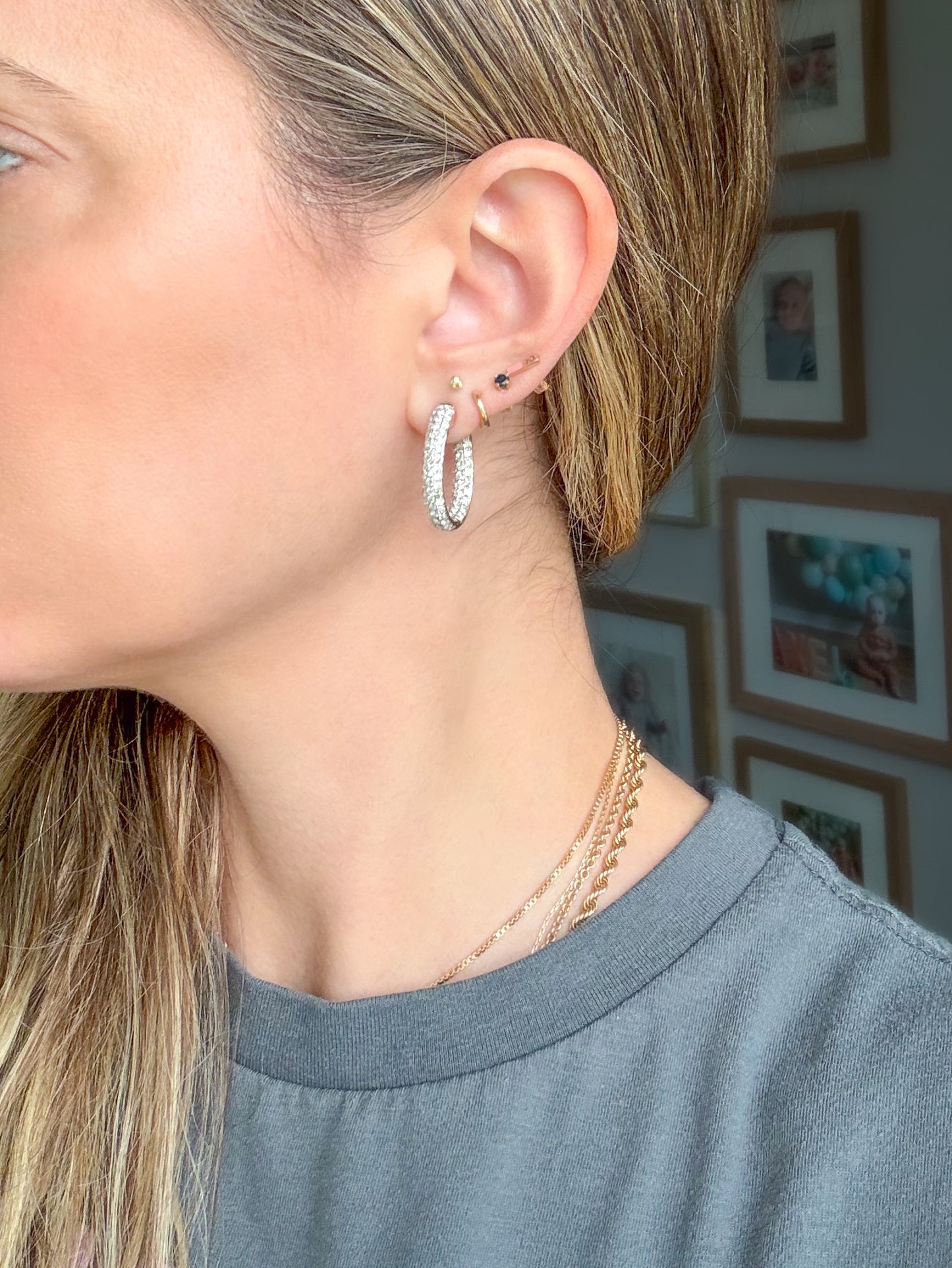 Natural Diamond Encrusted 14k Yellow Gold Large Oval Hoops with Heart Cut Outs