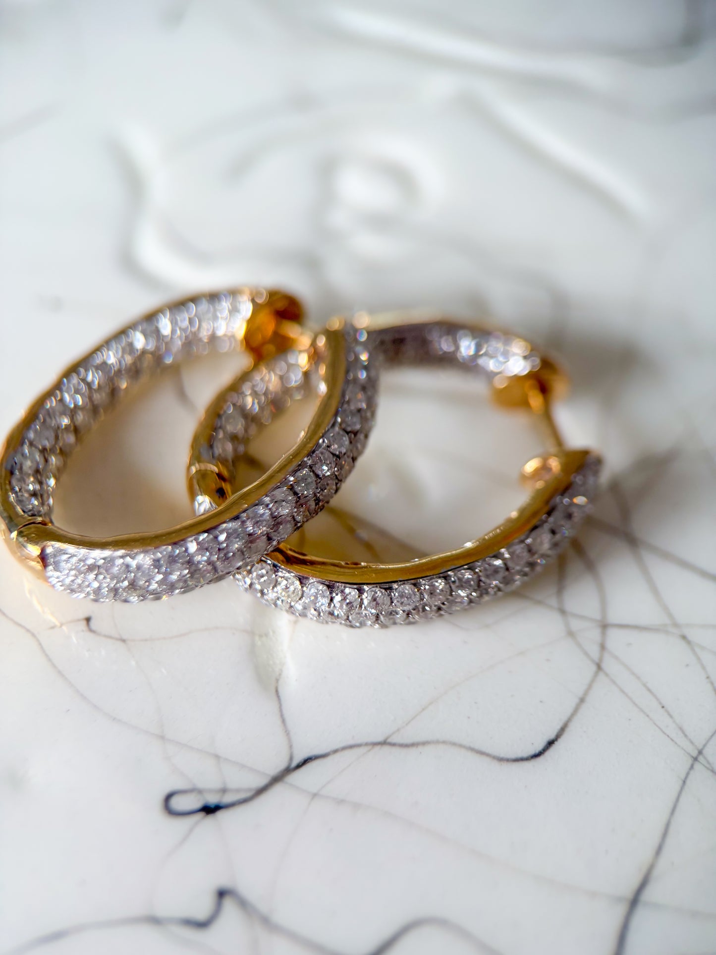 Natural Diamond Encrusted 14k Yellow Gold Large Oval Hoops with Heart Cut Outs
