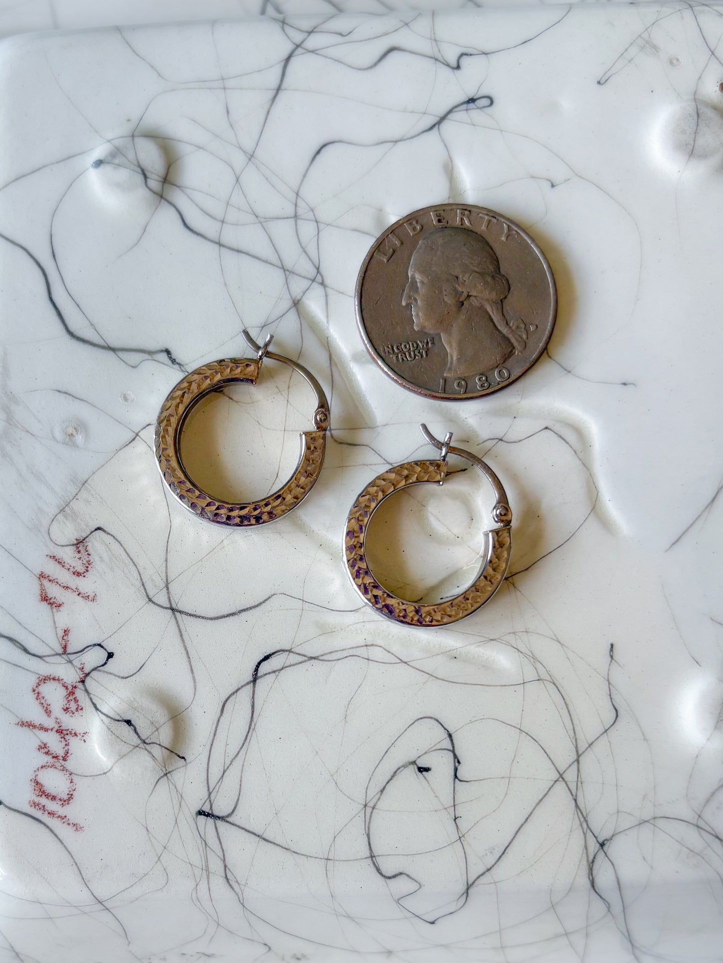 Vintage 14k White Gold Textured Hoops
