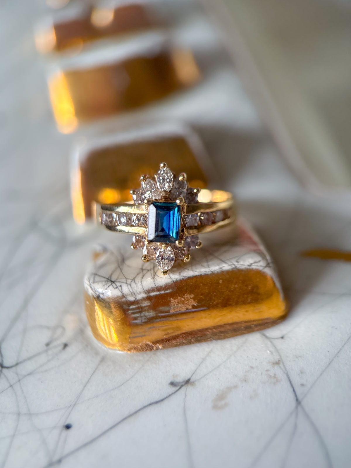 Vintage Emerald Shape Natural Sapphire and Diamond 14k Yellow Gold Ring