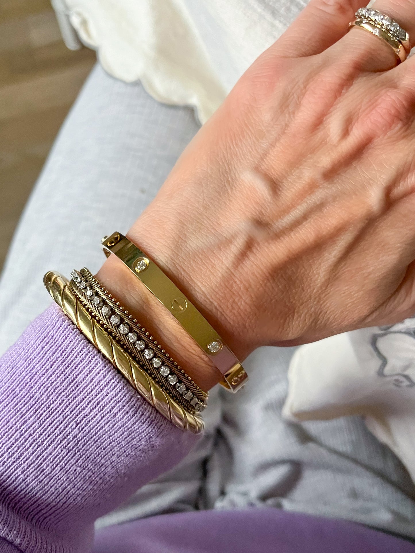 Size 19 18k Yellow Gold Solid Screw and Natural Diamond Bangle