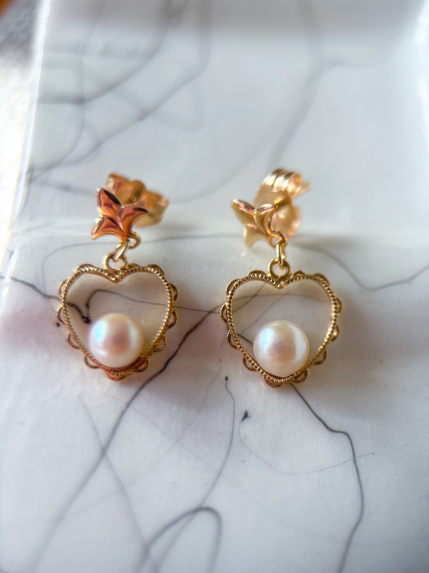 Vintage Heart and Pearl 14k Yellow Gold Drop Earrings