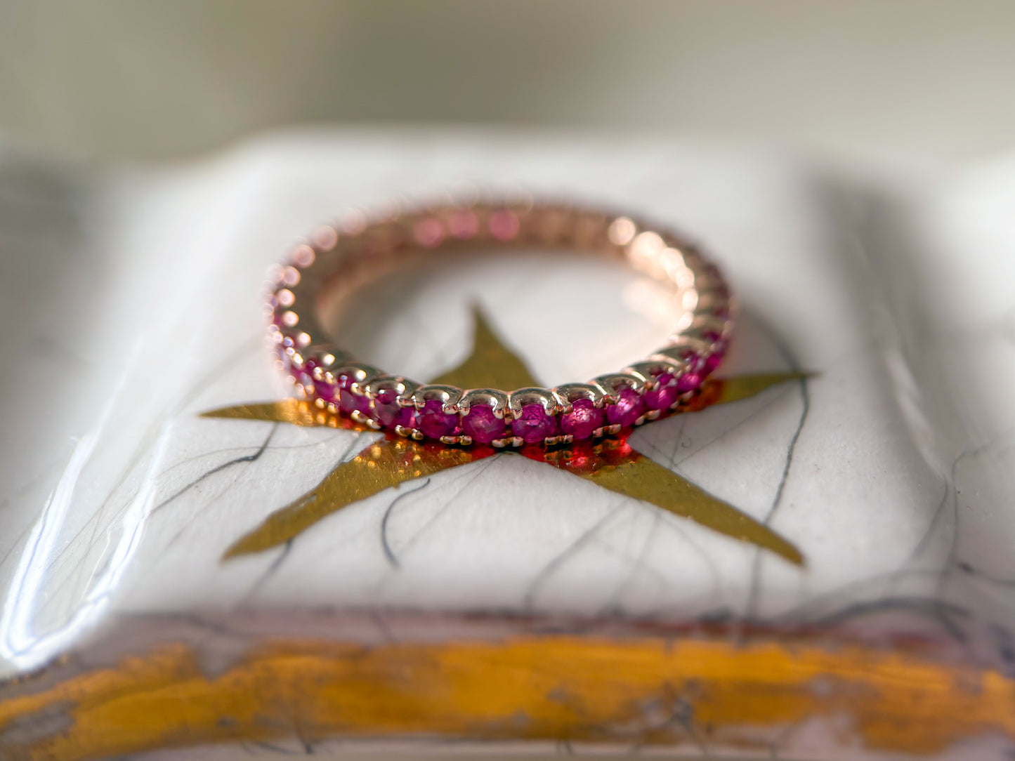 Vintage Natural Pink Sapphire 14k Rose Gold Eternity Band, size 6 1/4