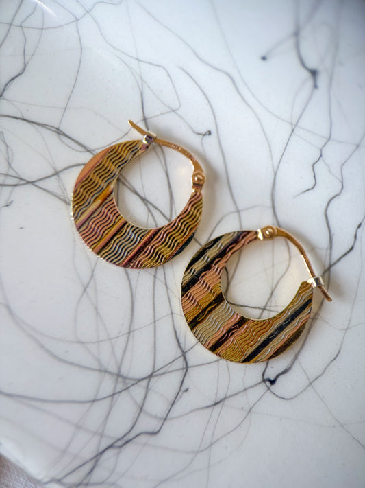 Vintage Tricolored Flat Bag Hoop 14k Yellow, White and Rose Gold Earrings
