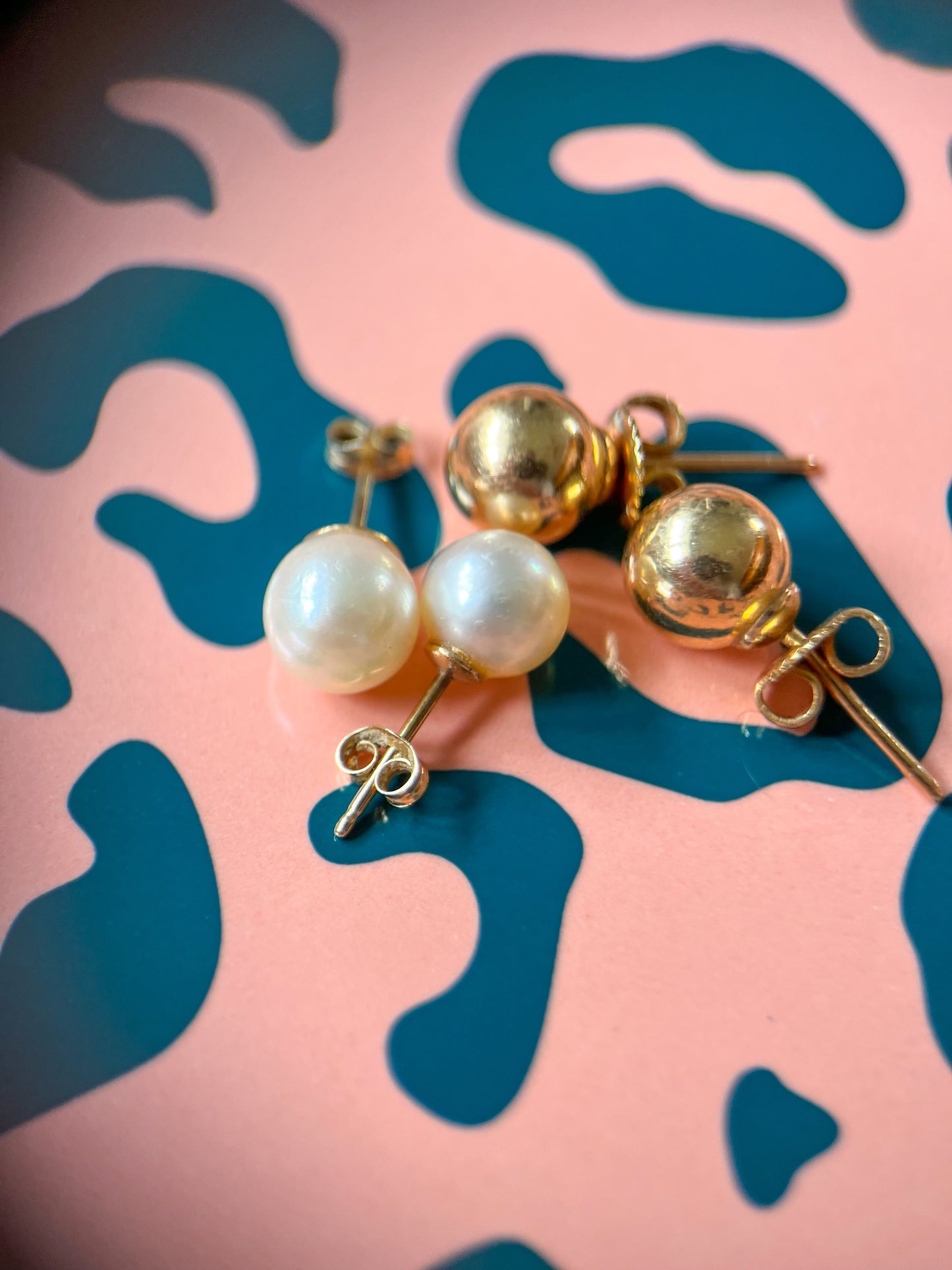 Vintage Ball Stud Earrings in Pearl and Solid 14k Yellow Gold