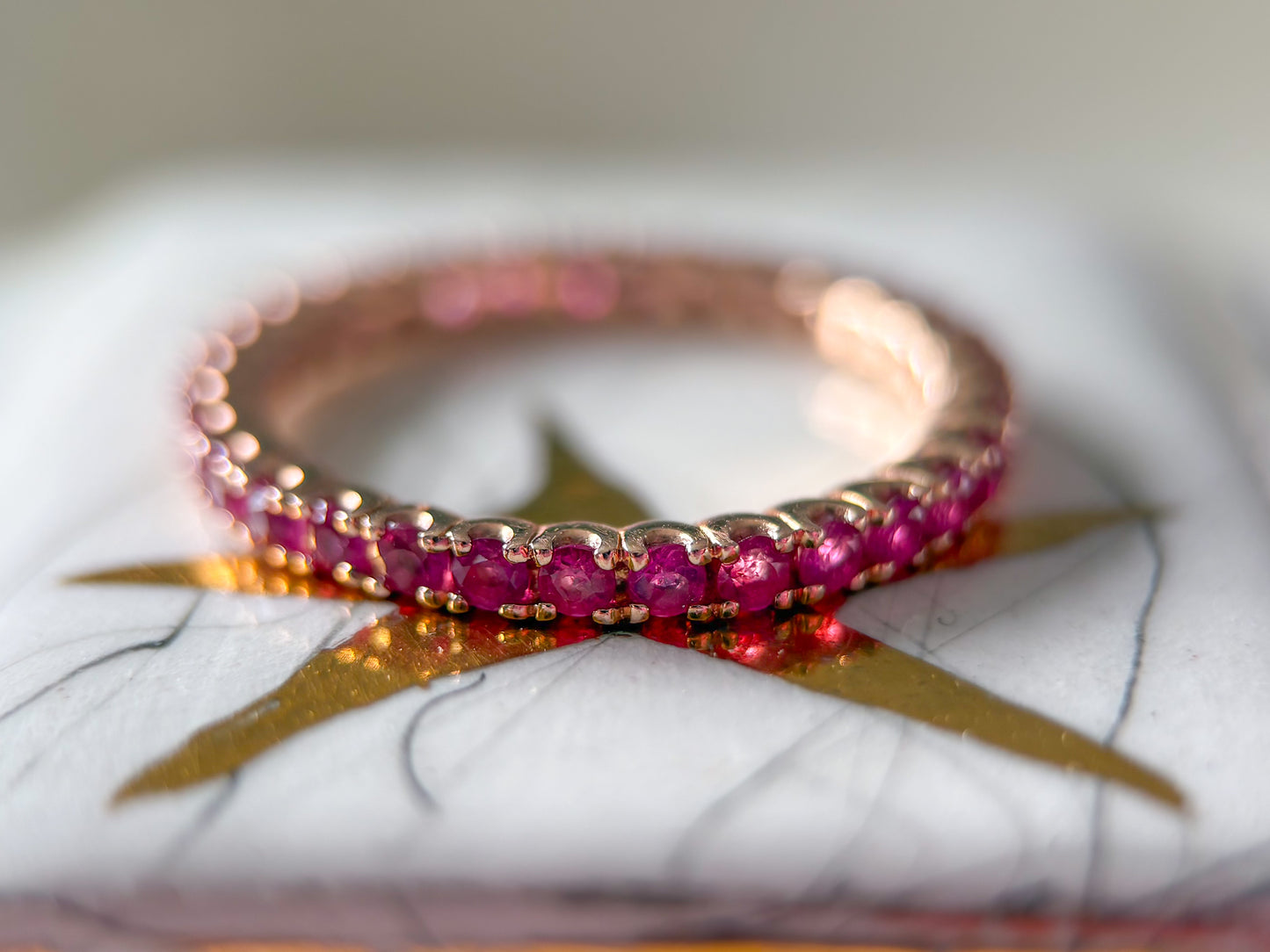 Vintage Natural Pink Sapphire 14k Rose Gold Eternity Band, size 6 1/4