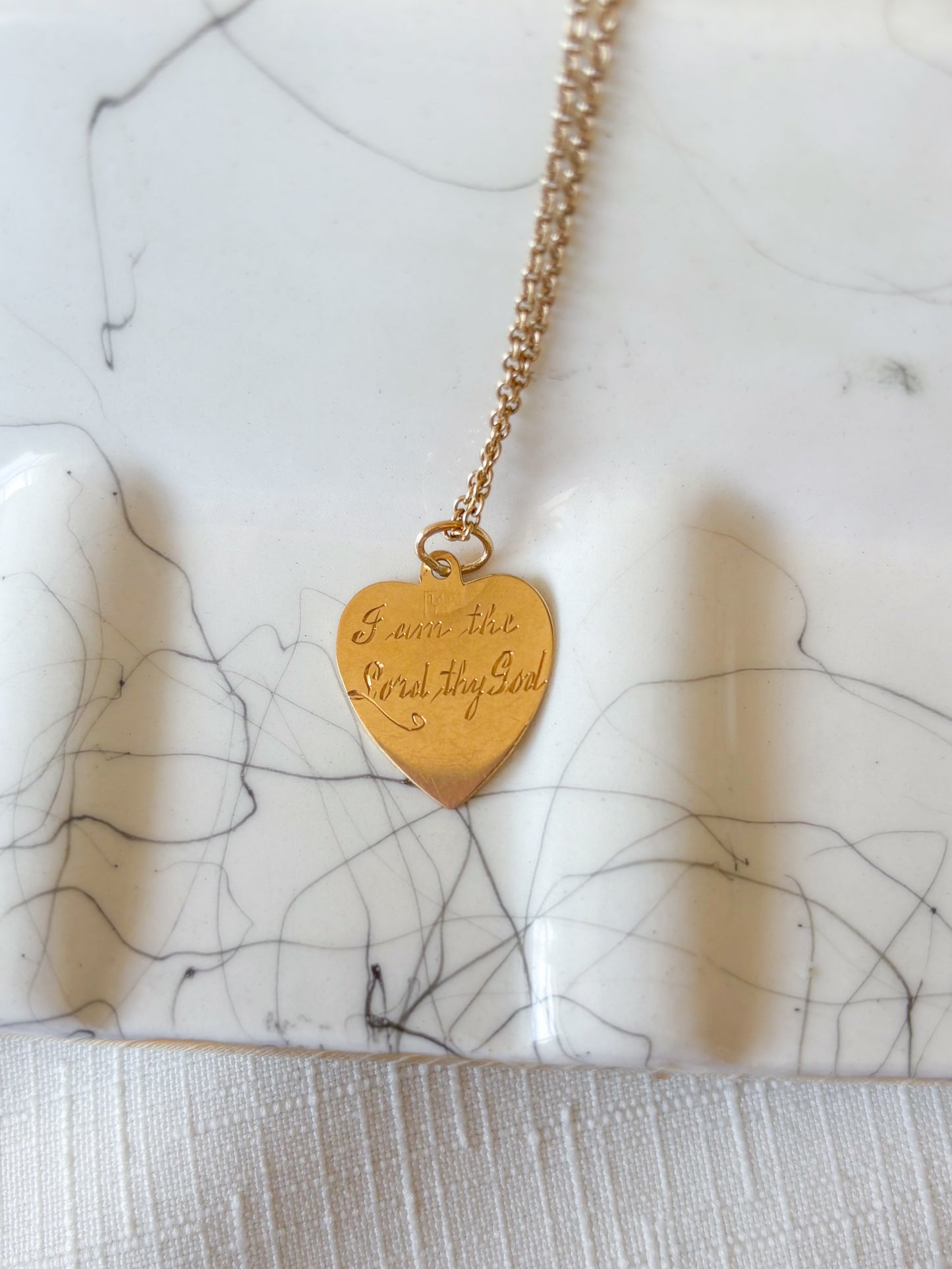 Vintage Engine Turned Heart 14k Yellow Gold Charm, Engraved: "I Am The Lord Thy God"