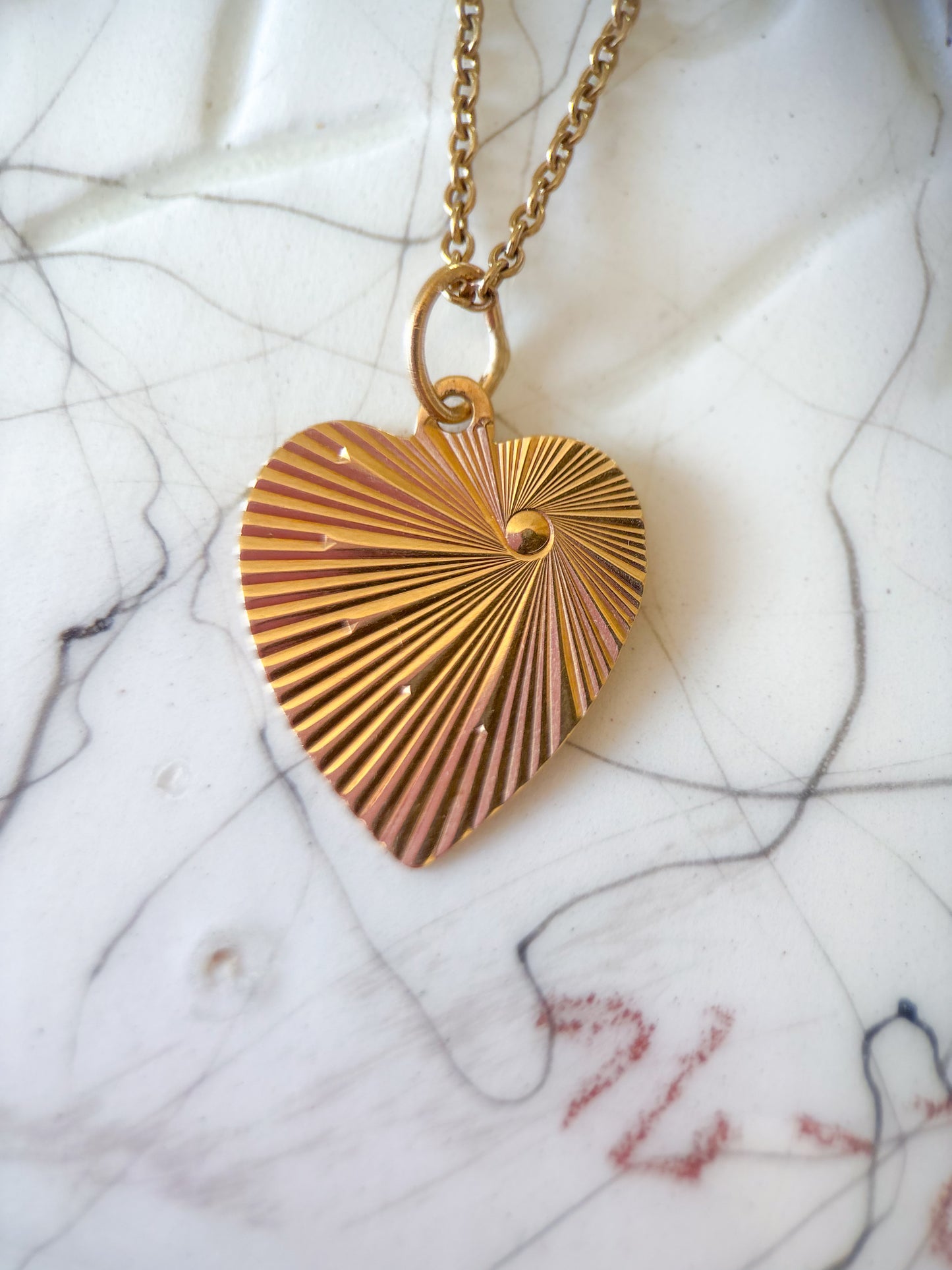 Vintage Engine Turned Heart 14k Yellow Gold Charm, Engraved: "I Am The Lord Thy God"