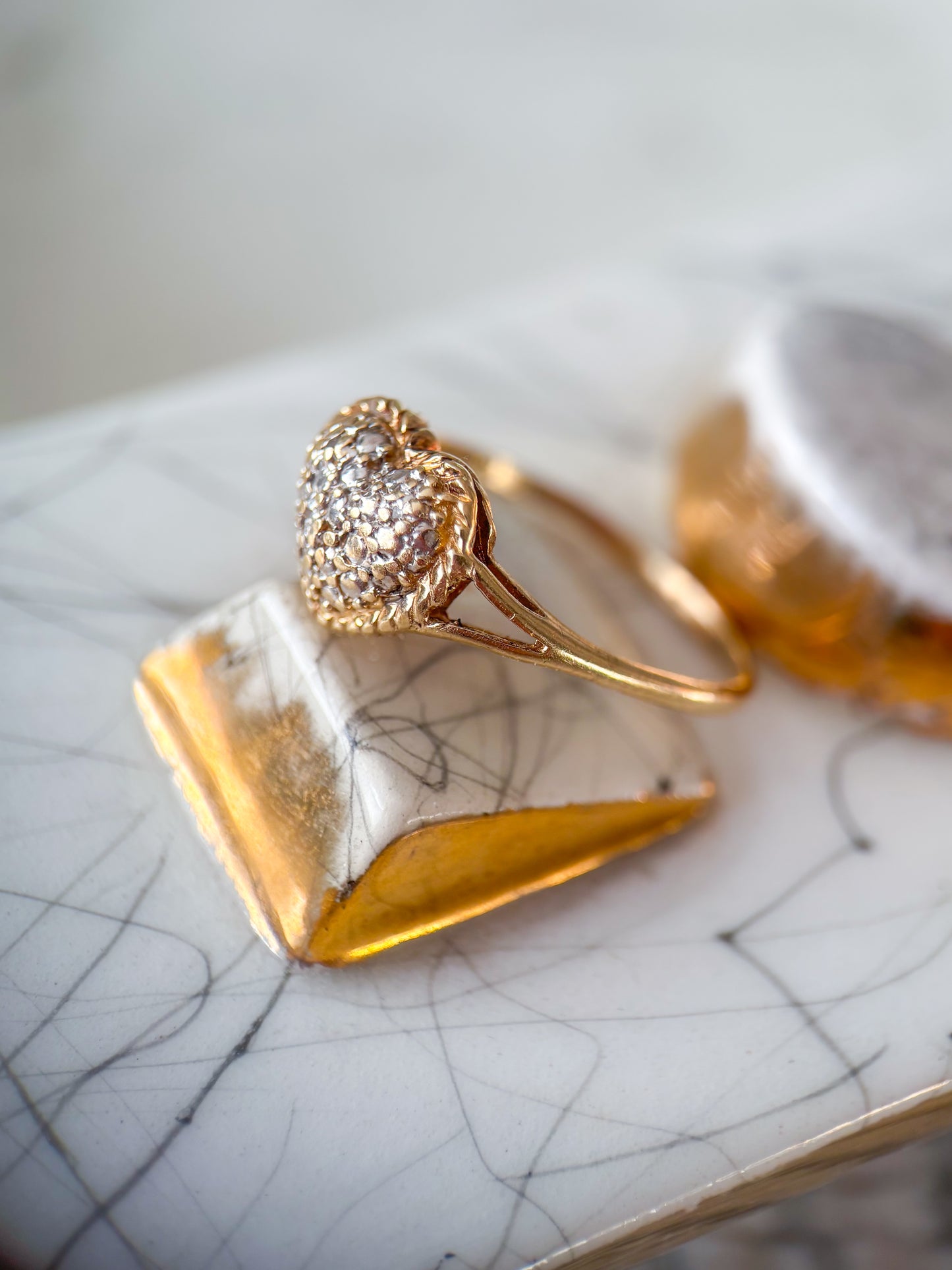 Vintage Pebbled Heart Two Toned 10k White and Yellow Gold Ring