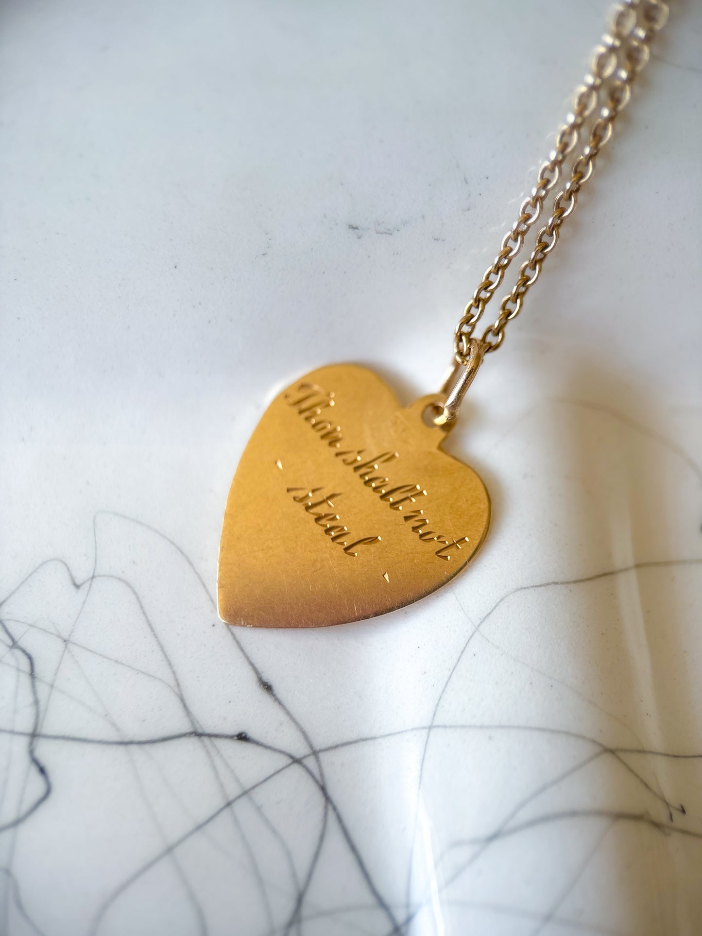 Vintage Engine Turned Heart 14k Yellow Gold Charm, Engraved: "Thou Shall Not Steal"