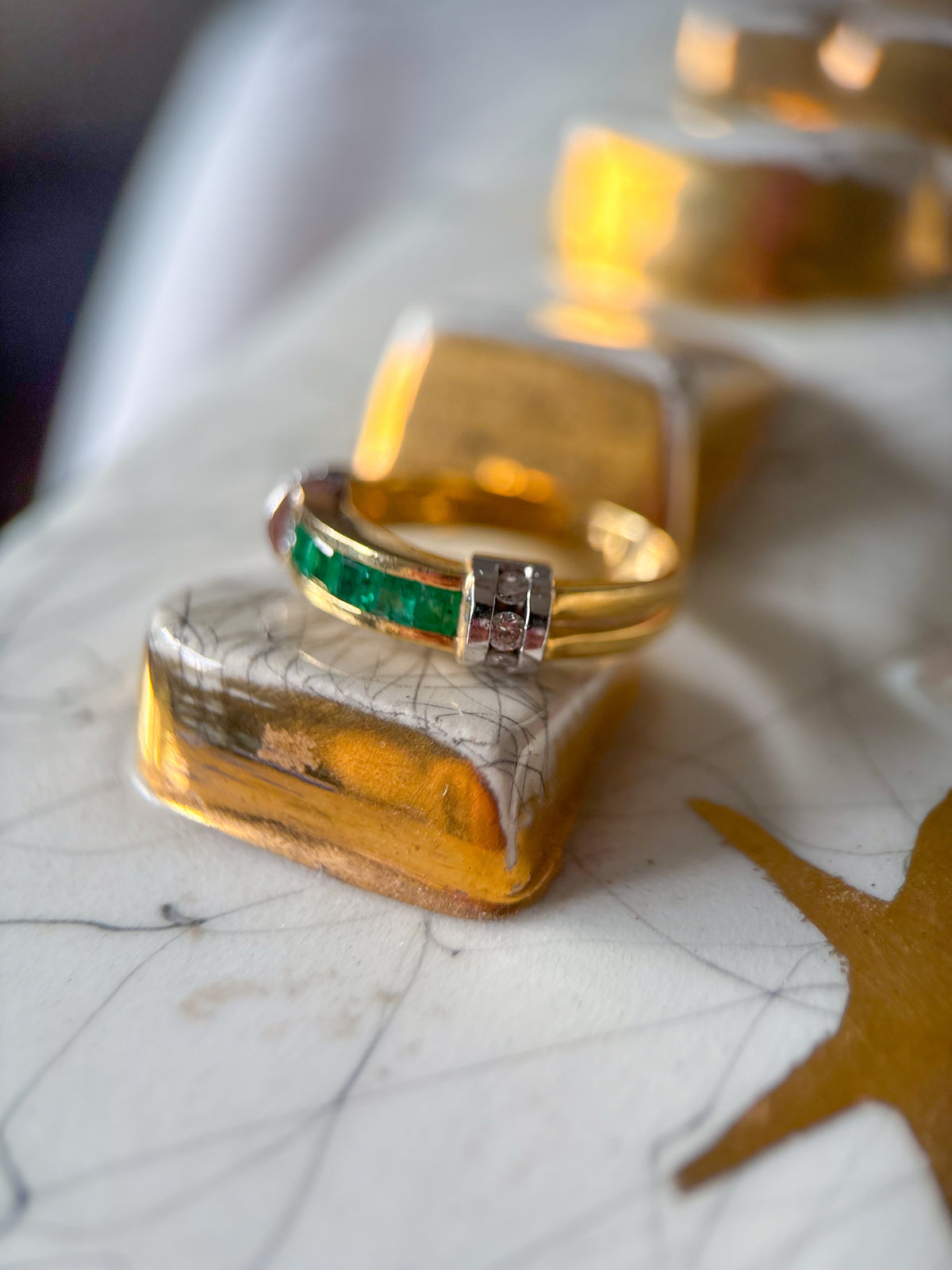 Vintage Natural Emerald and Natural Diamond Two Toned 14k Yellow and White Gold Band