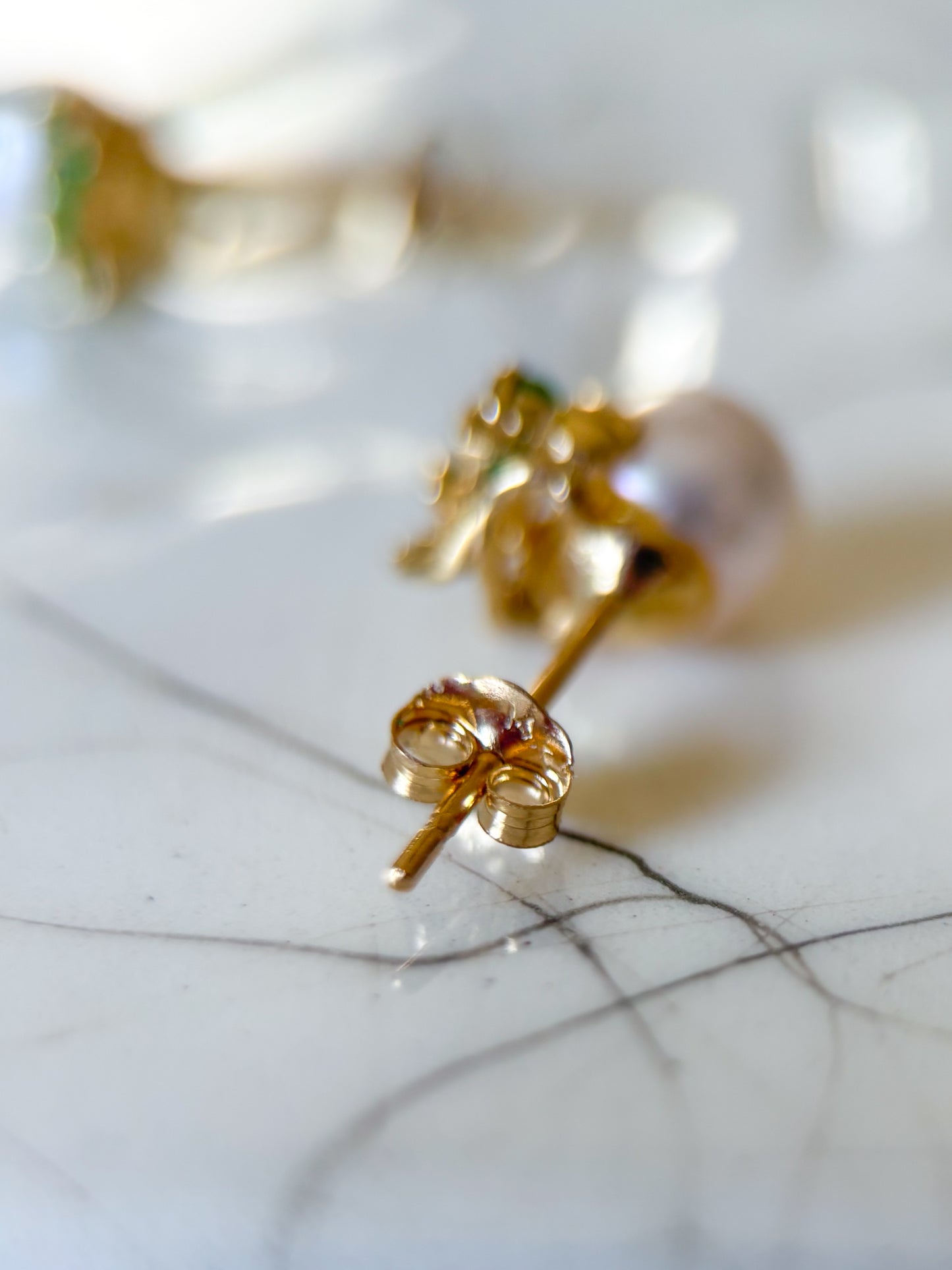 Vintage Pearl Stud with Natural Emeralds 14k Yellow Gold Earrings