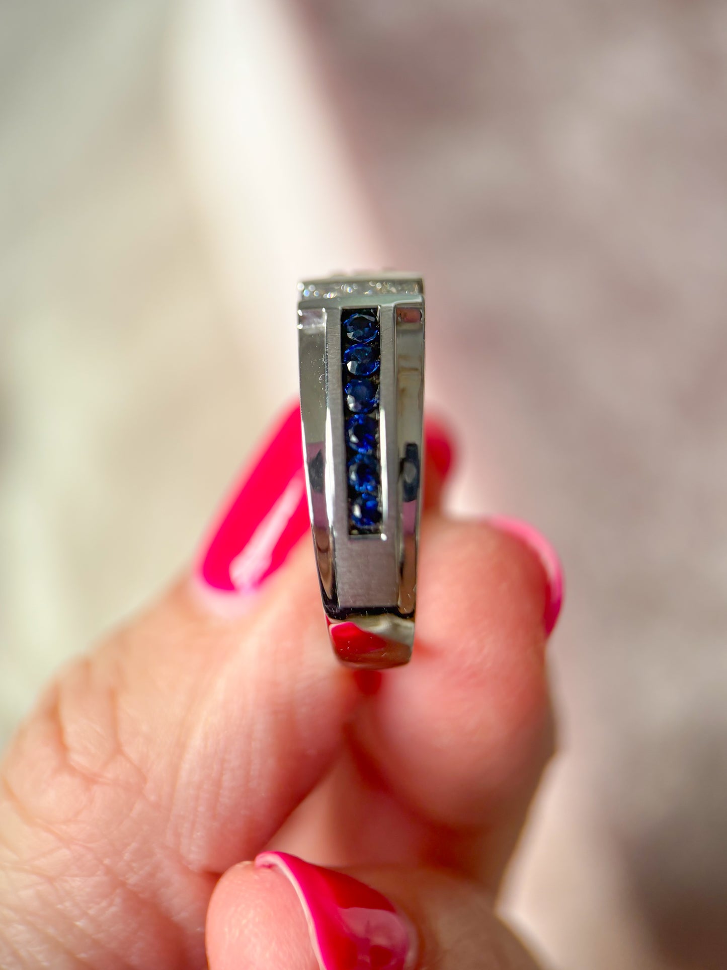 Vintage Natural Sapphire and Diamond 10k White Gold Men's Ring