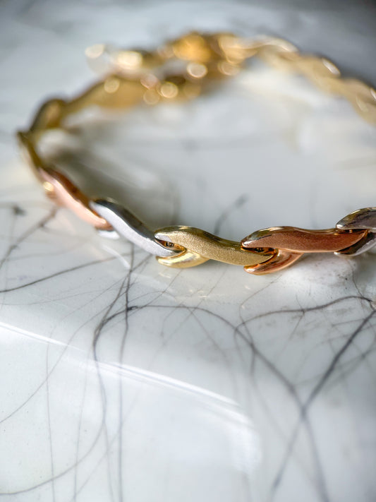 14k Tri Colored White, Rose, Yellow Gold Flat Link 7 Inch Bracelet
