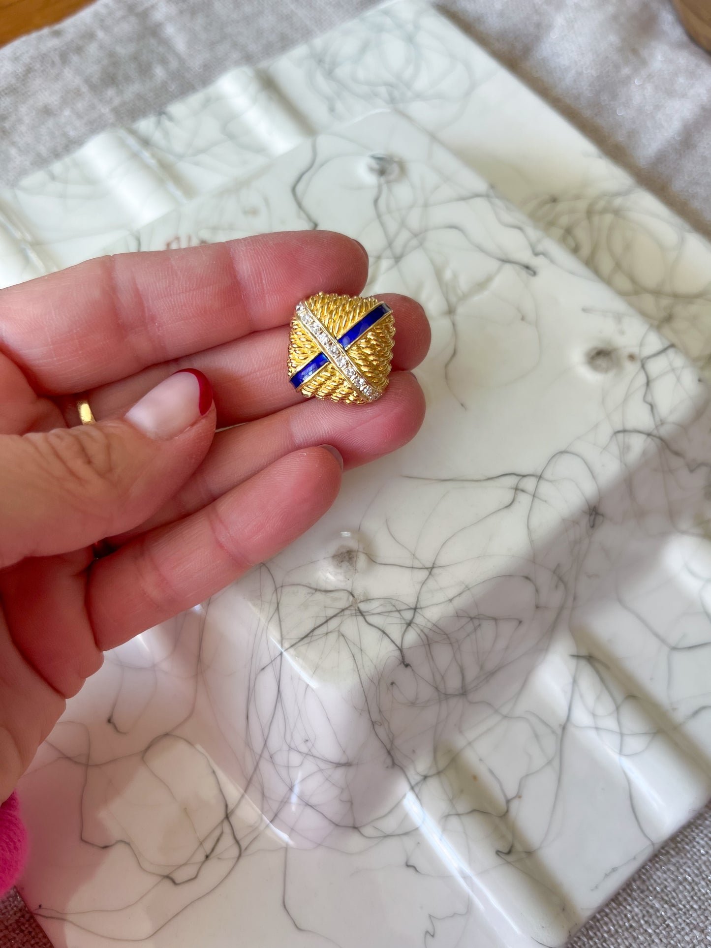 Vintage Blue Enamel and Natural Diamond Square 14k Yellow Gold Slider, circa 1960s