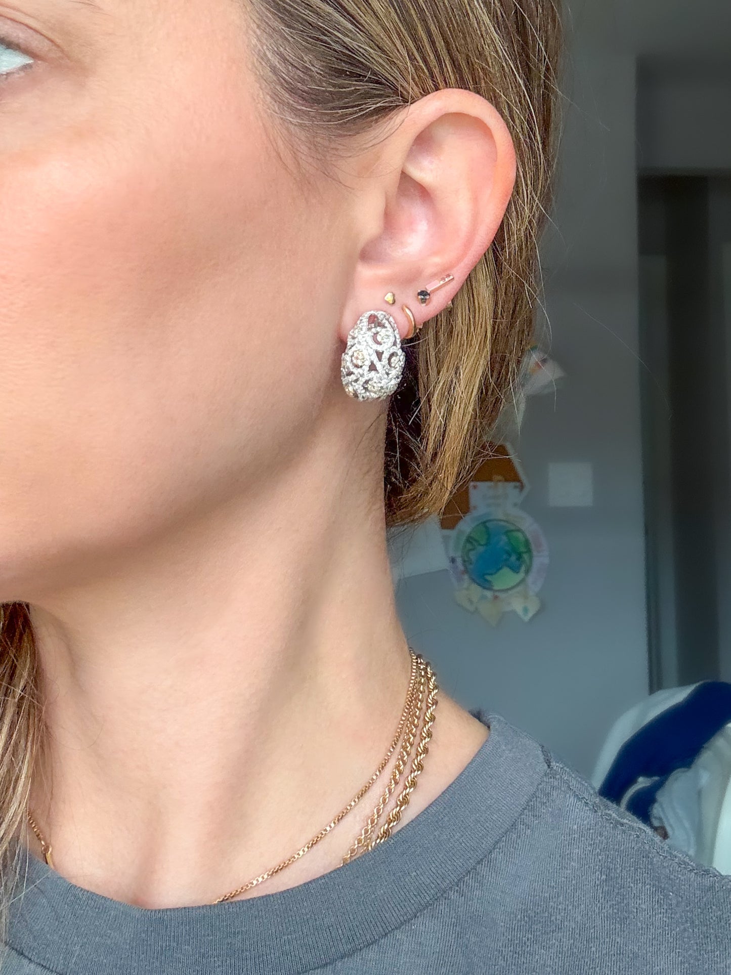 Natural Diamond Puffy Hoop 14k Yellow and White Gold Earrings