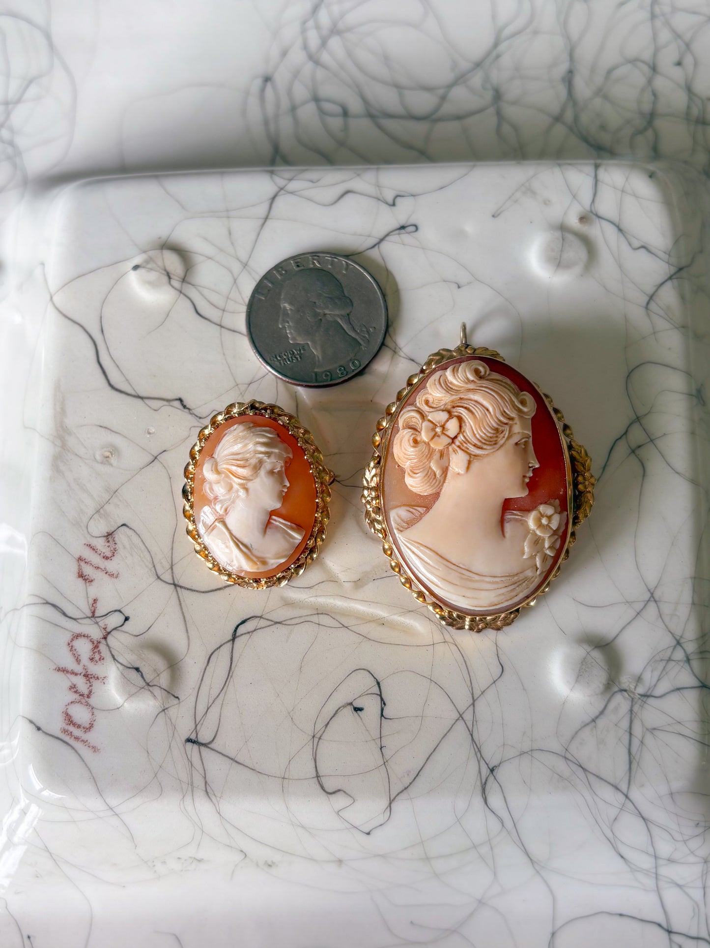 Various Vintage 14k Yellow Gold Cameo Brooches