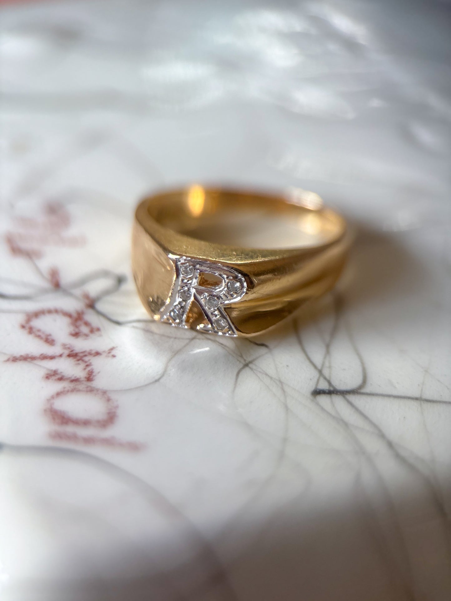 Vintage Chunky Natural Diamond Letter "R" 14k Yellow Gold Ring