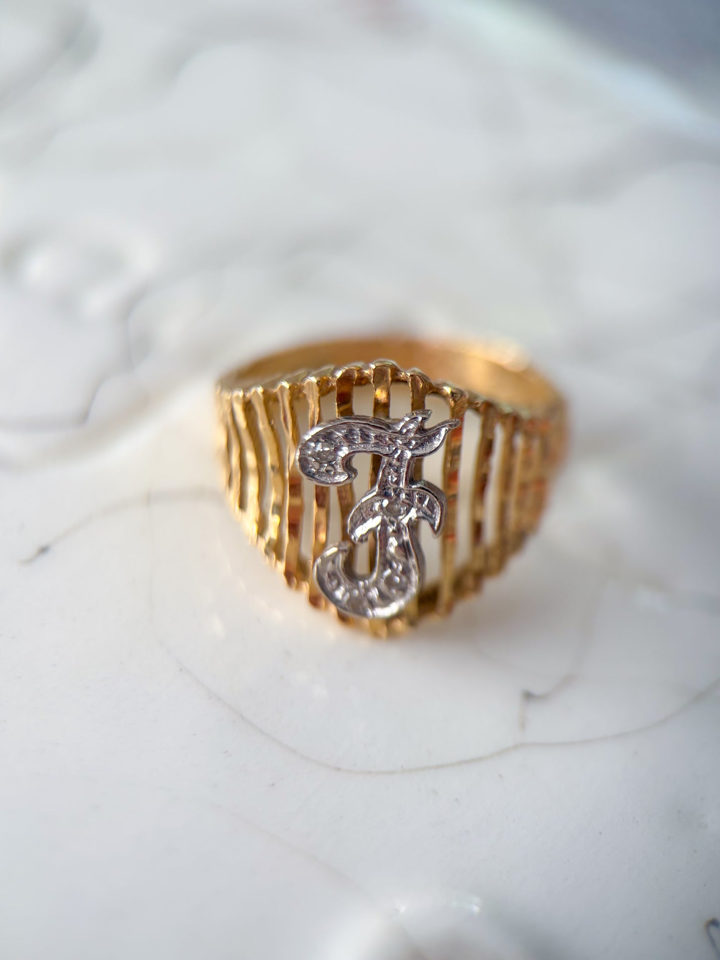 Vintage Natural Diamond Letter "F" 14k Yellow Gold Ring