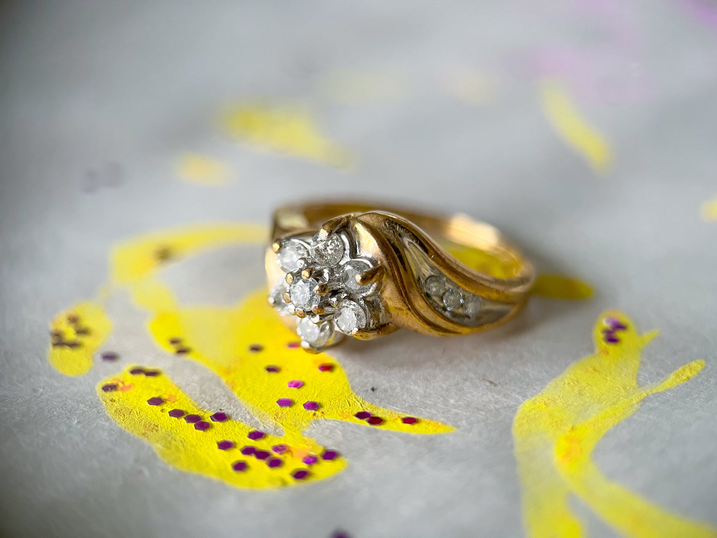Vintage Natural Diamond Flower 10k Yellow Gold Ring