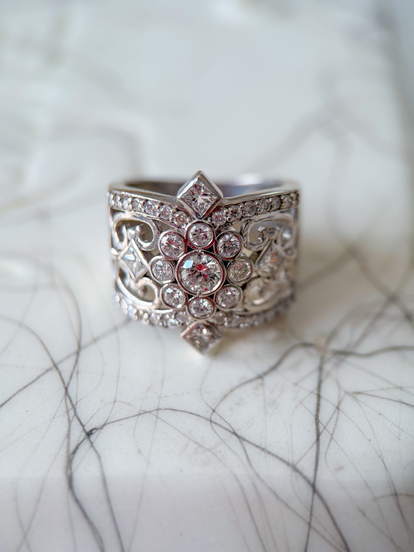 Vintage Natural Diamond 14k White Gold Statement Ring