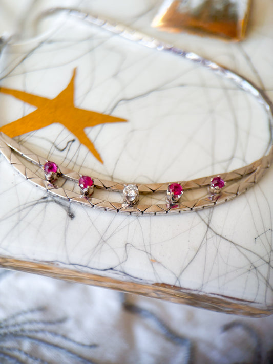 Vintage Natural Diamond and Natural Ruby 14k White Gold 17 Inch Cobra Chain Necklace